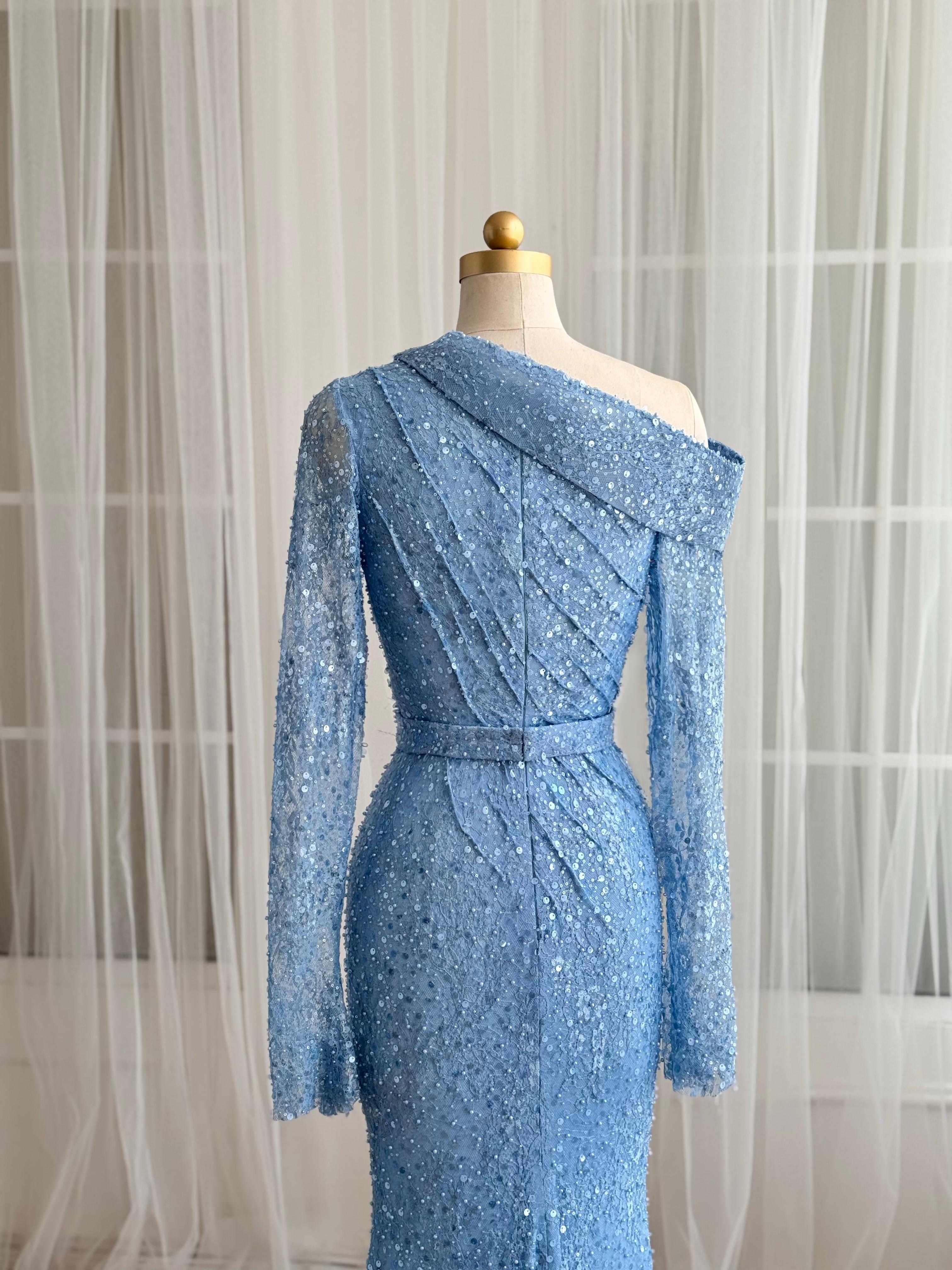 Blue mermaid dress with long sleeves and sequin fabric