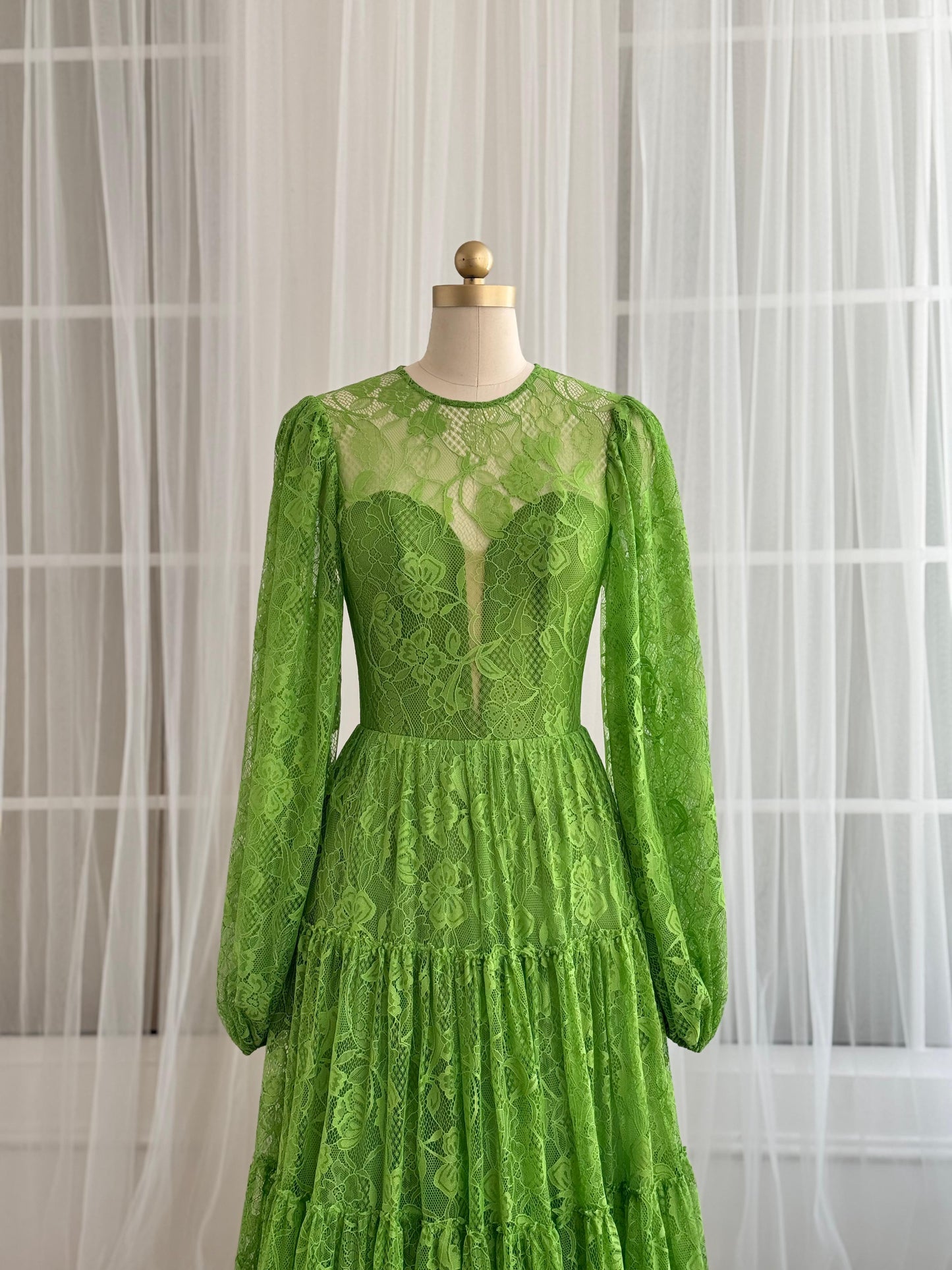Green A-Line dress with lace and long sleeves