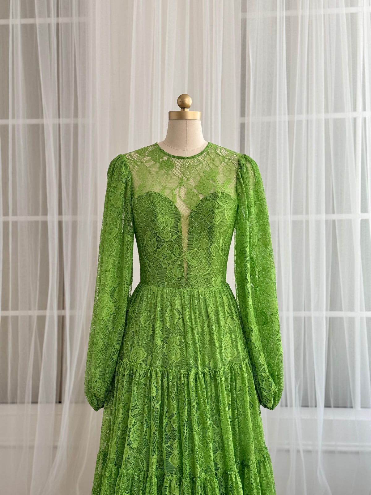 Green A-Line dress with lace and long sleeves