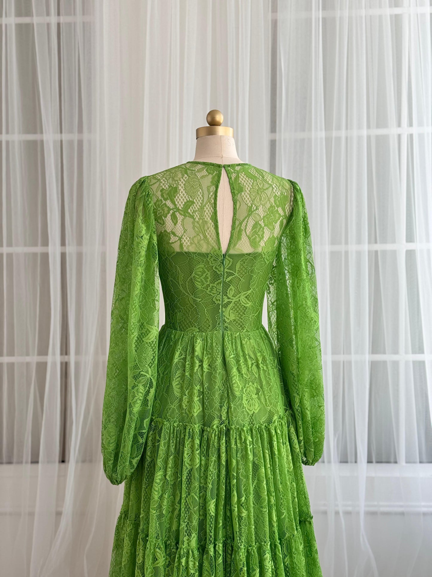 Green A-Line dress with lace and long sleeves