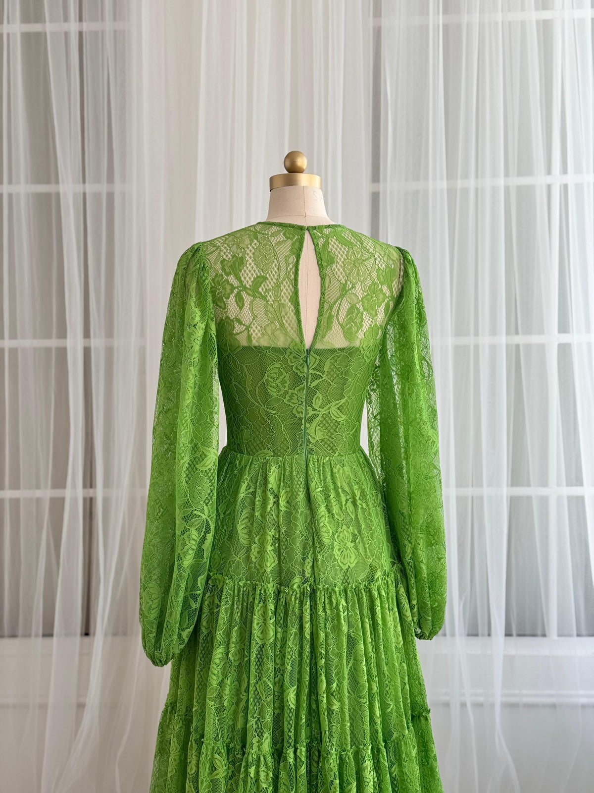 Green A-Line dress with lace and long sleeves