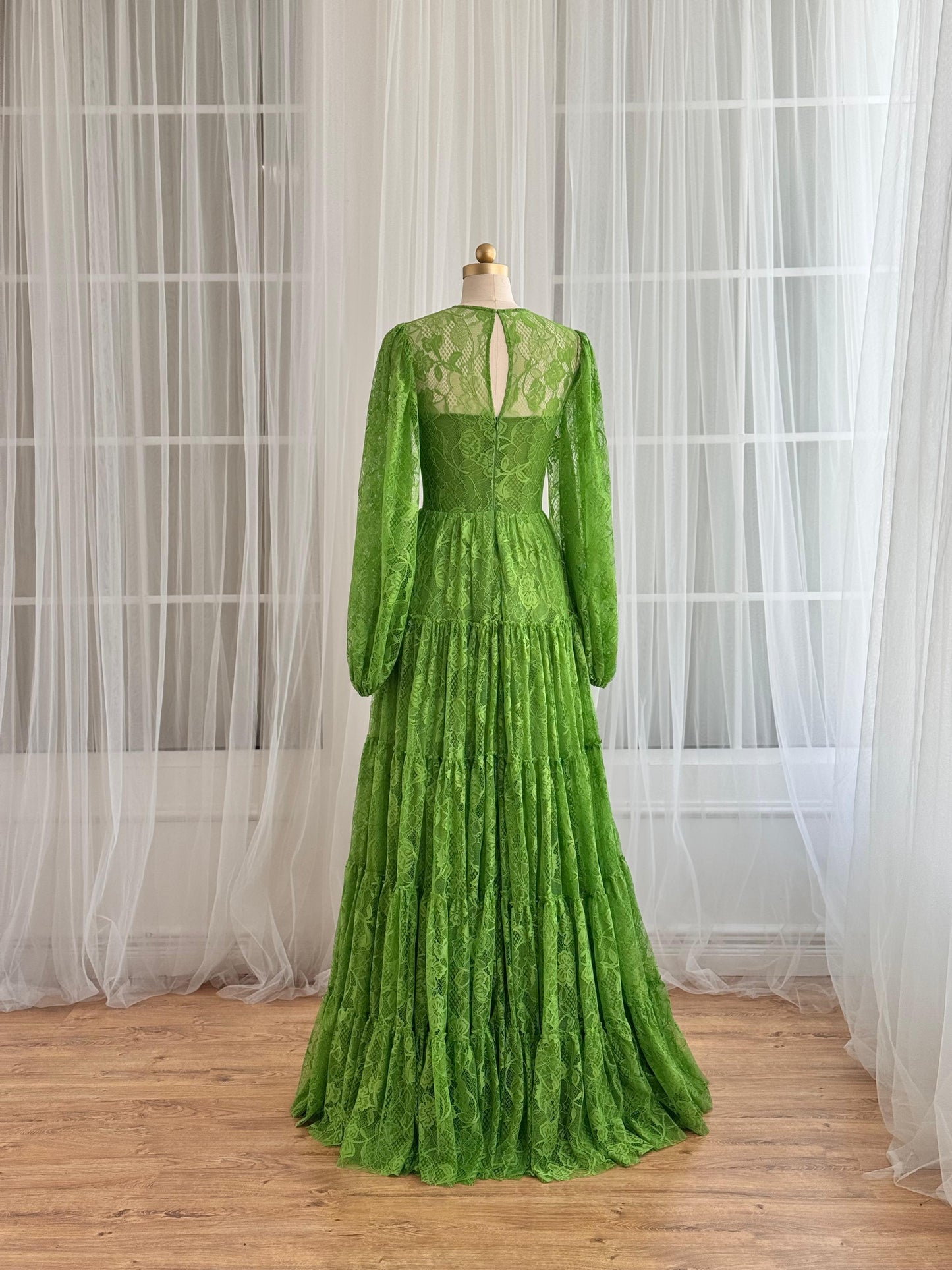 Green A-Line dress with lace and long sleeves