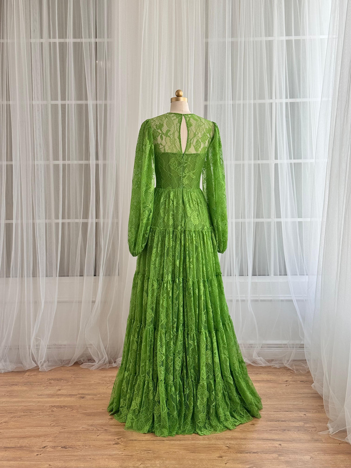 Green A-Line dress with lace and long sleeves