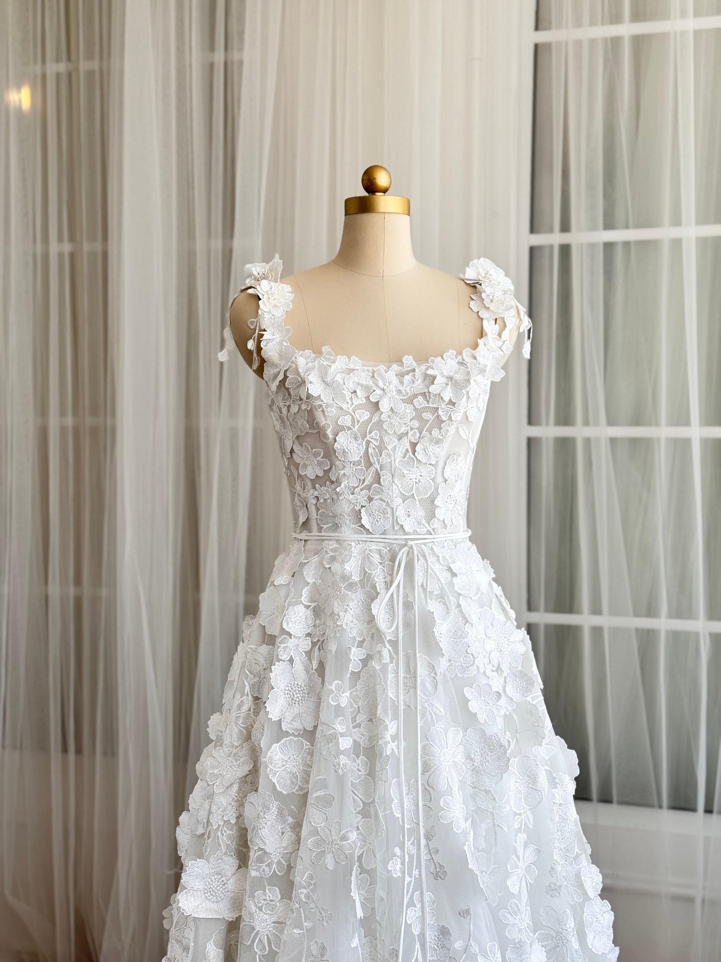 White bridal A-Line dress with floral embroidery and straps