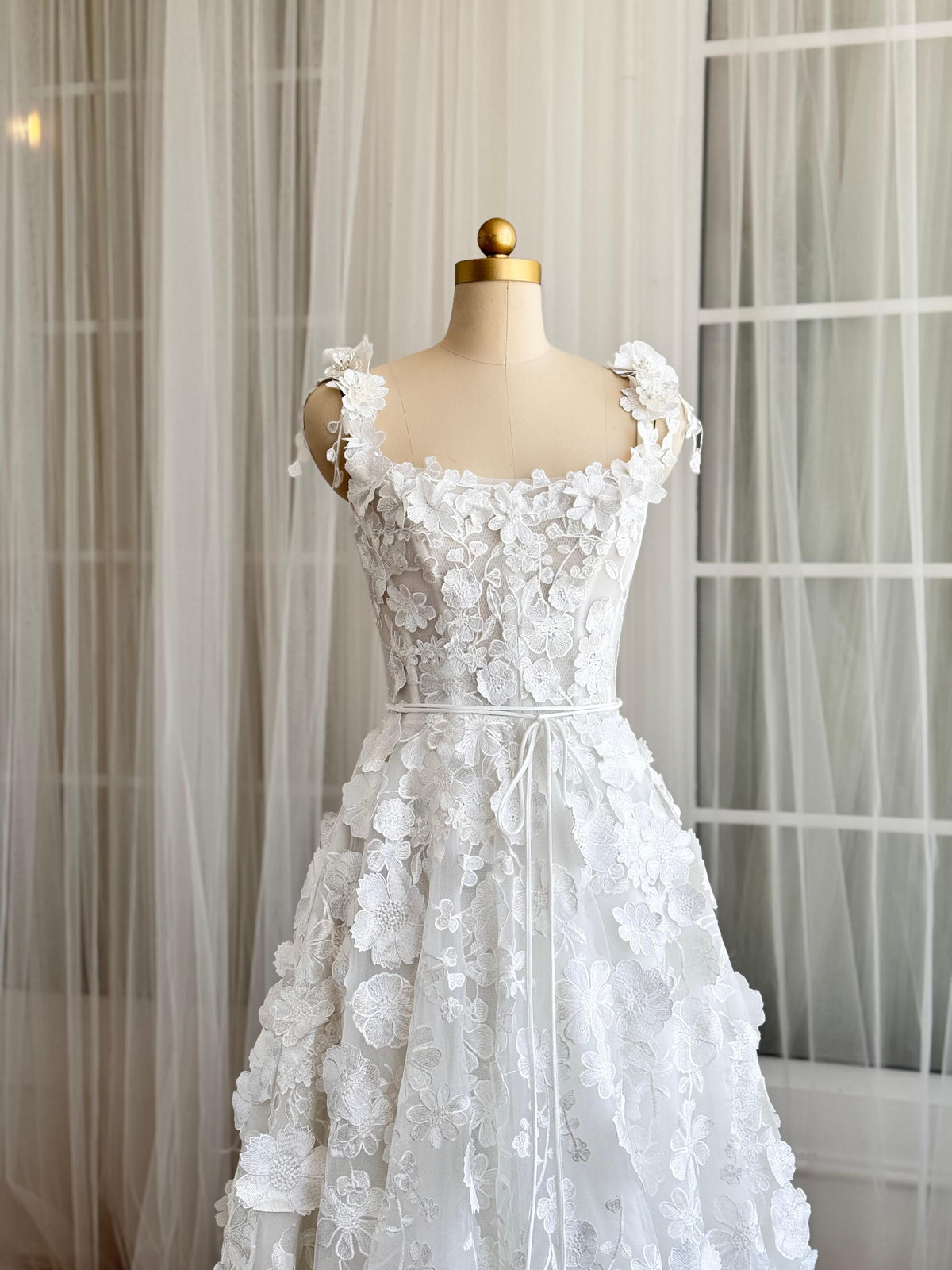 White bridal A-Line dress with floral embroidery and straps