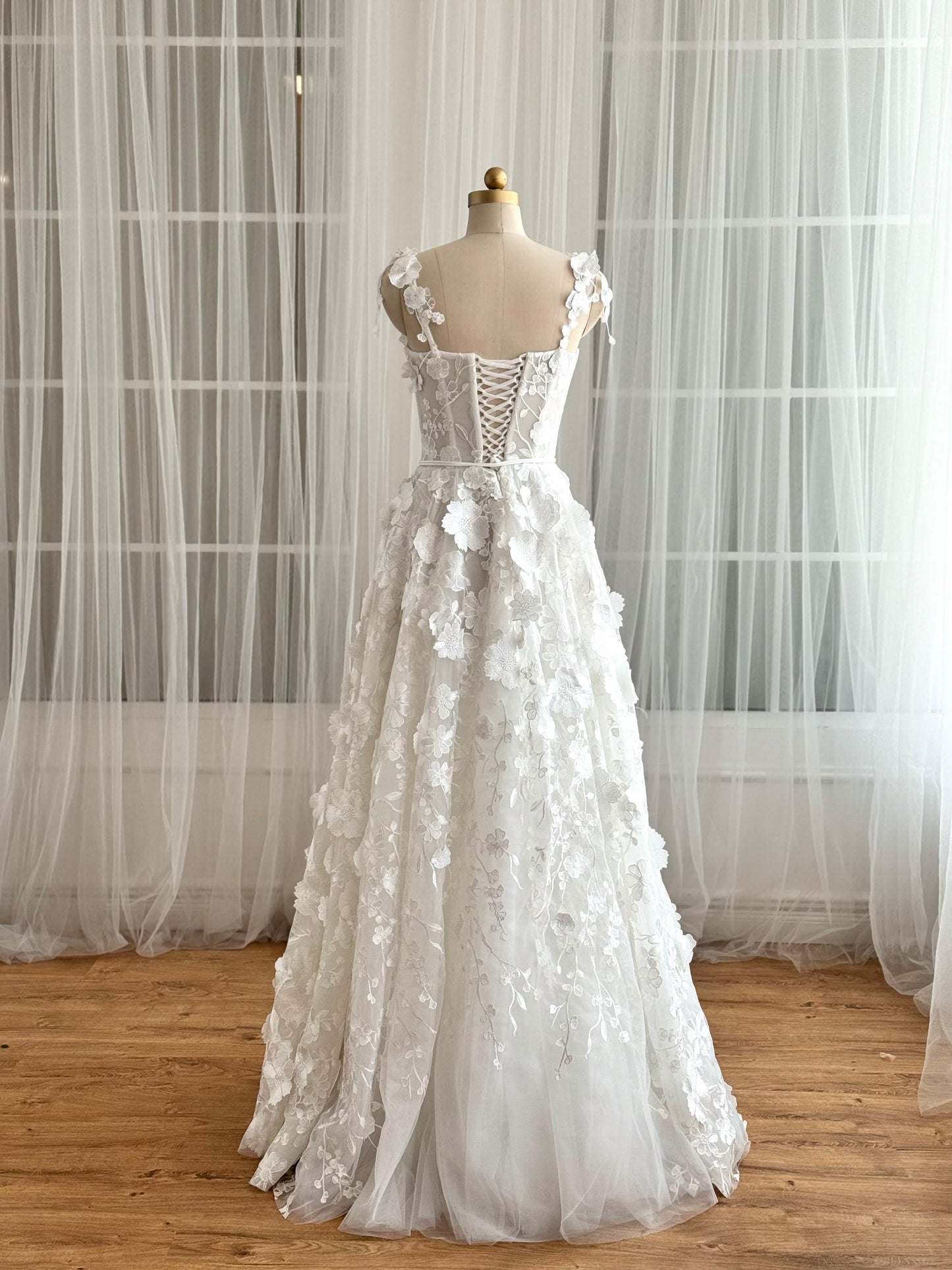White bridal A-Line dress with floral embroidery and straps