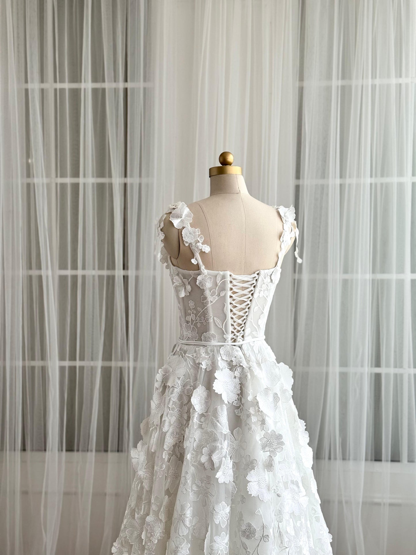 White bridal A-Line dress with floral embroidery and straps