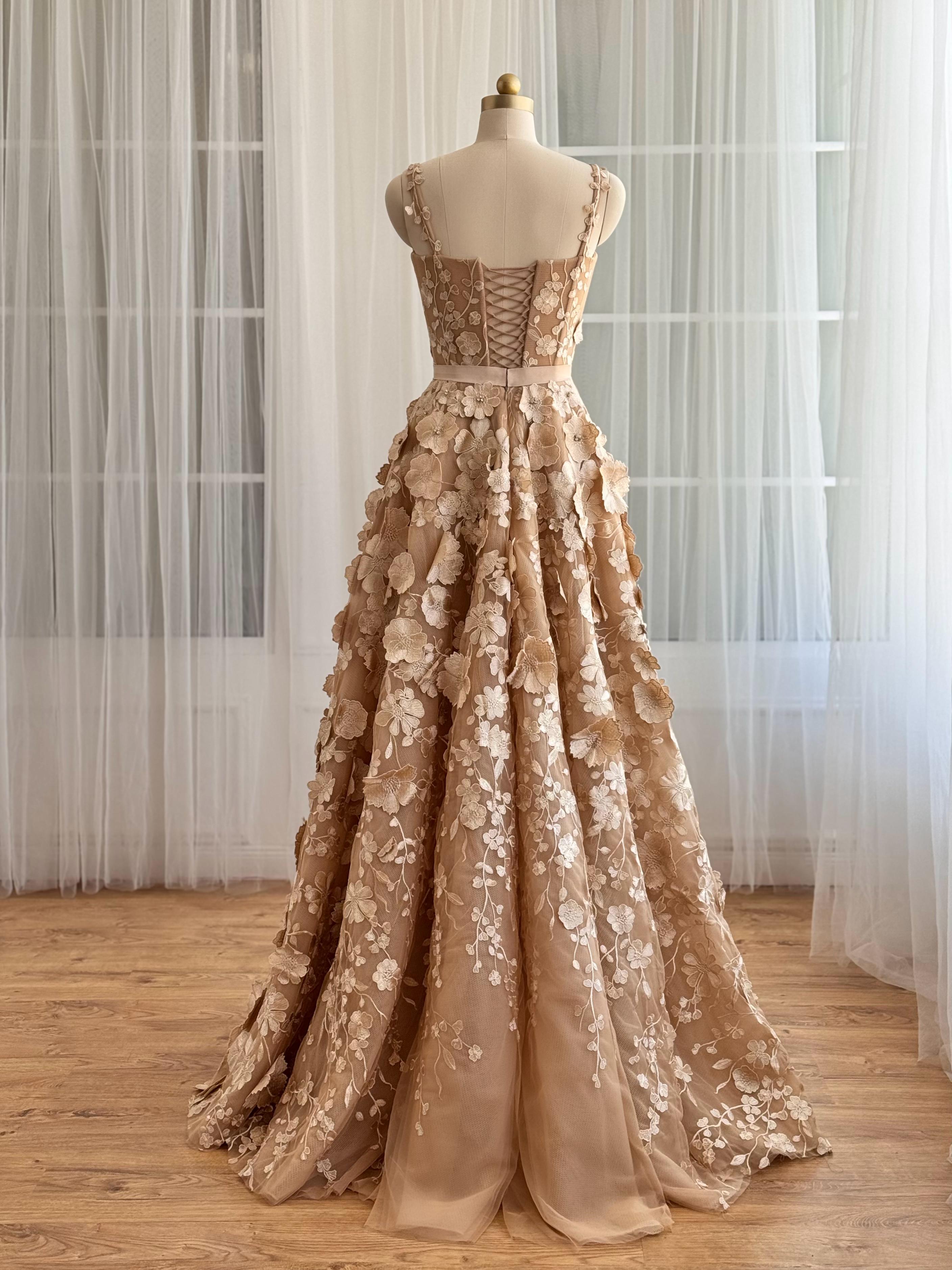 Beige A-Line dress with straps and embroidered flowers