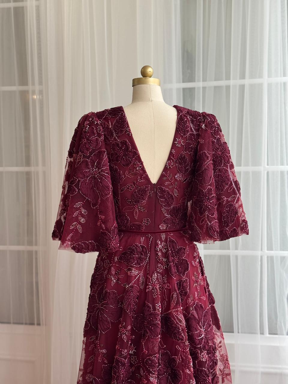 Purple A-Line dress with short sleeves, v-neck and embroidery