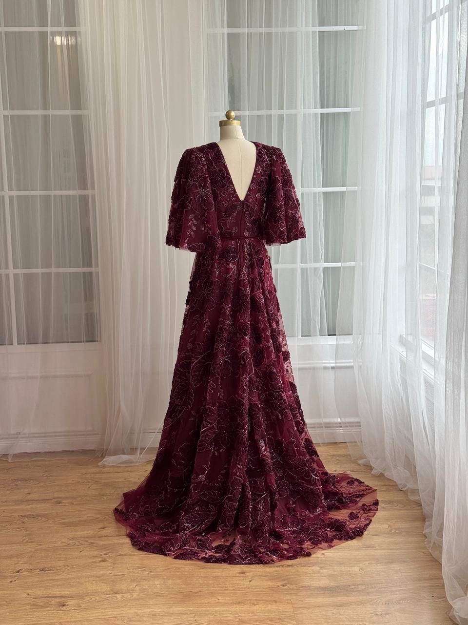 Purple A-Line dress with short sleeves, v-neck and embroidery