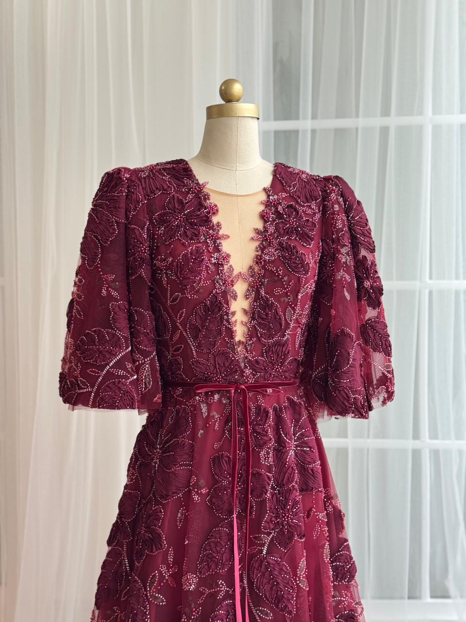 Purple A-Line dress with short sleeves, v-neck and embroidery