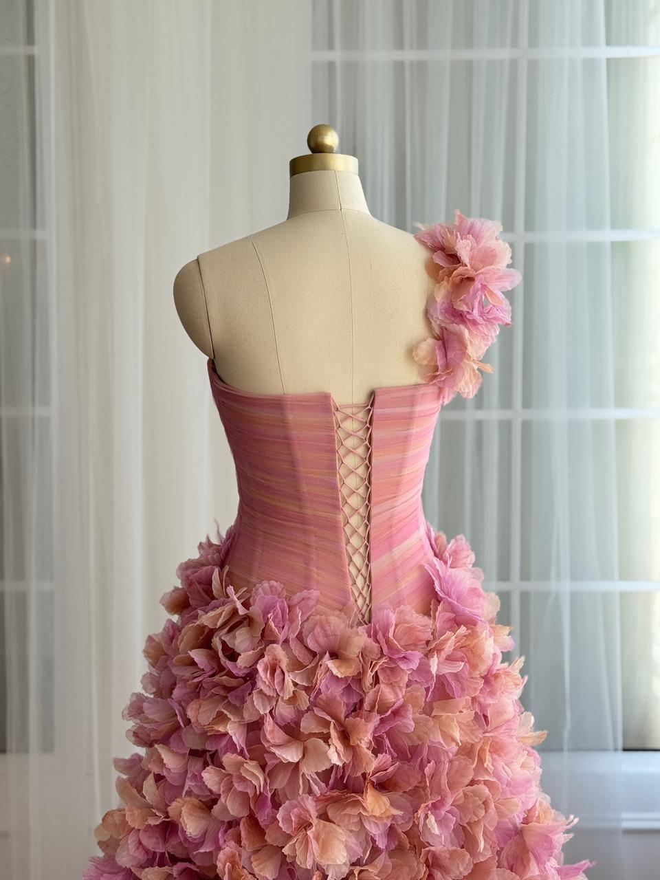 Pink A-Line dress with floral embroidered skirt, floral strap and one shoulder strap