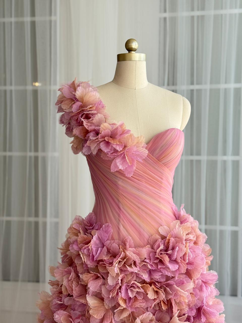 Pink A-Line dress with floral embroidered skirt, floral strap and one shoulder strap