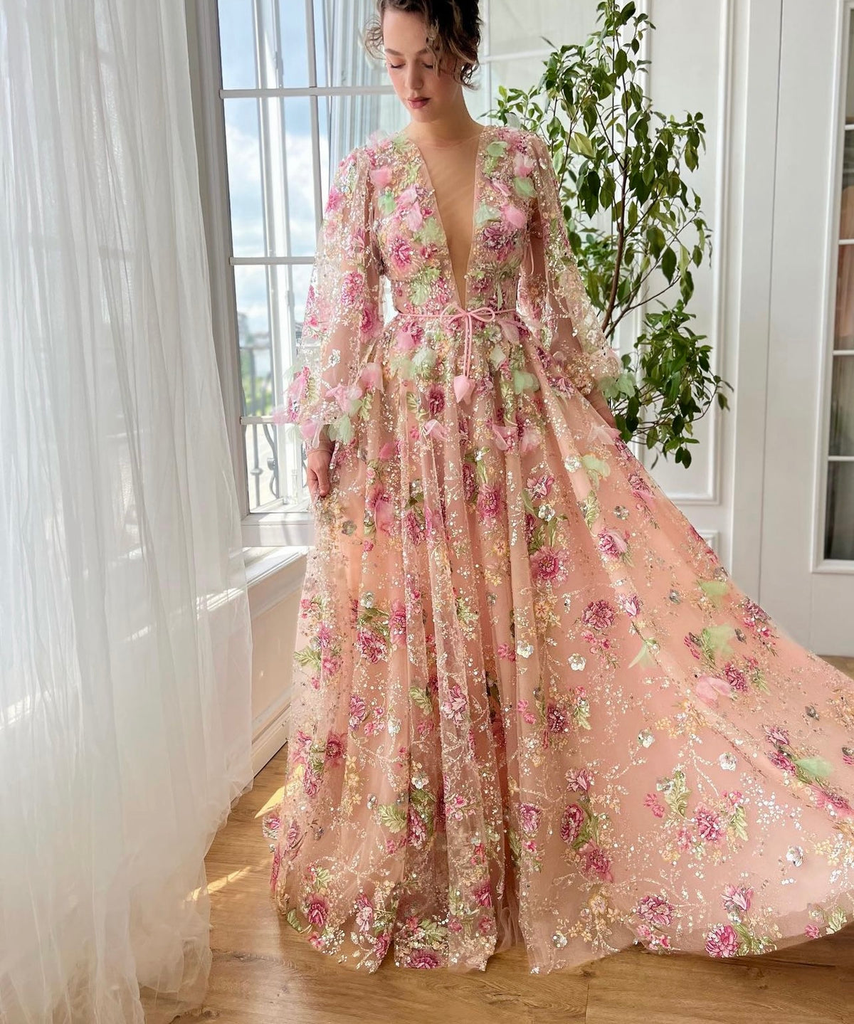 Pink A-Line Dress with v-neck, long sleeves and embroidery