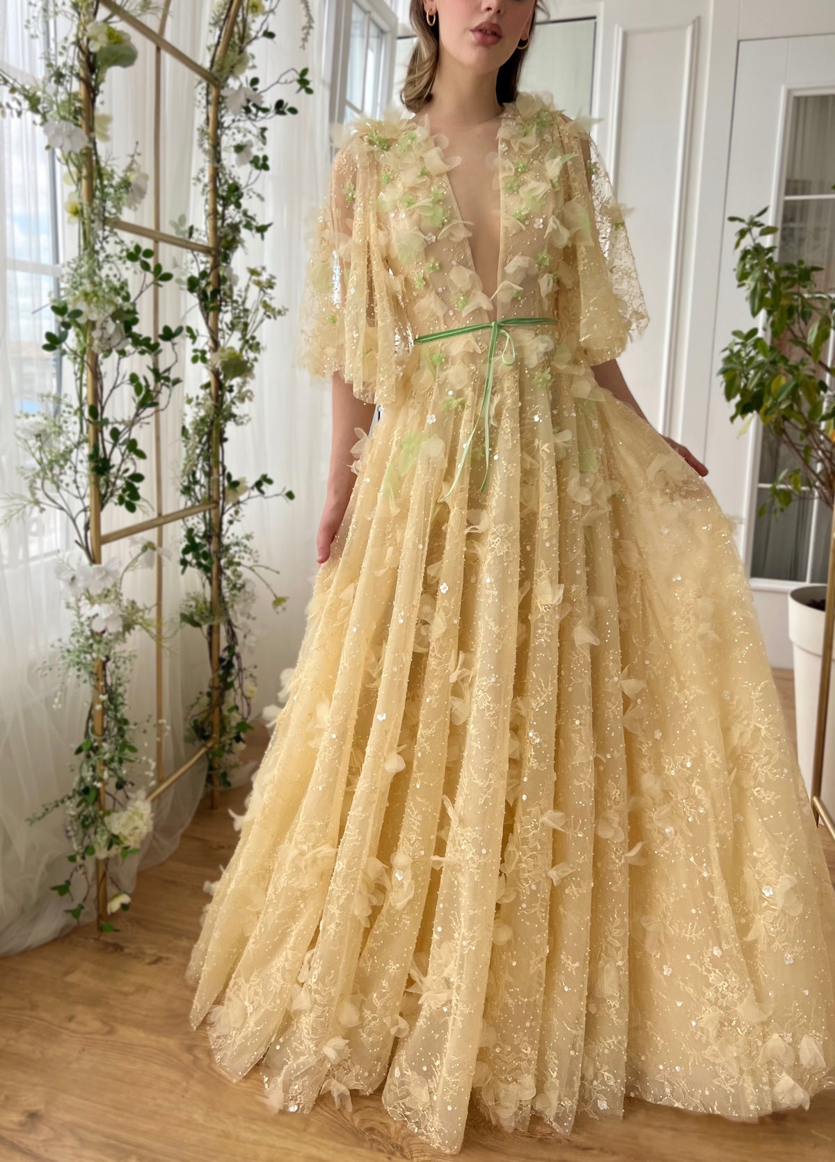 Beige A-Line dress with flutter sleeves, v-neck and embroidery