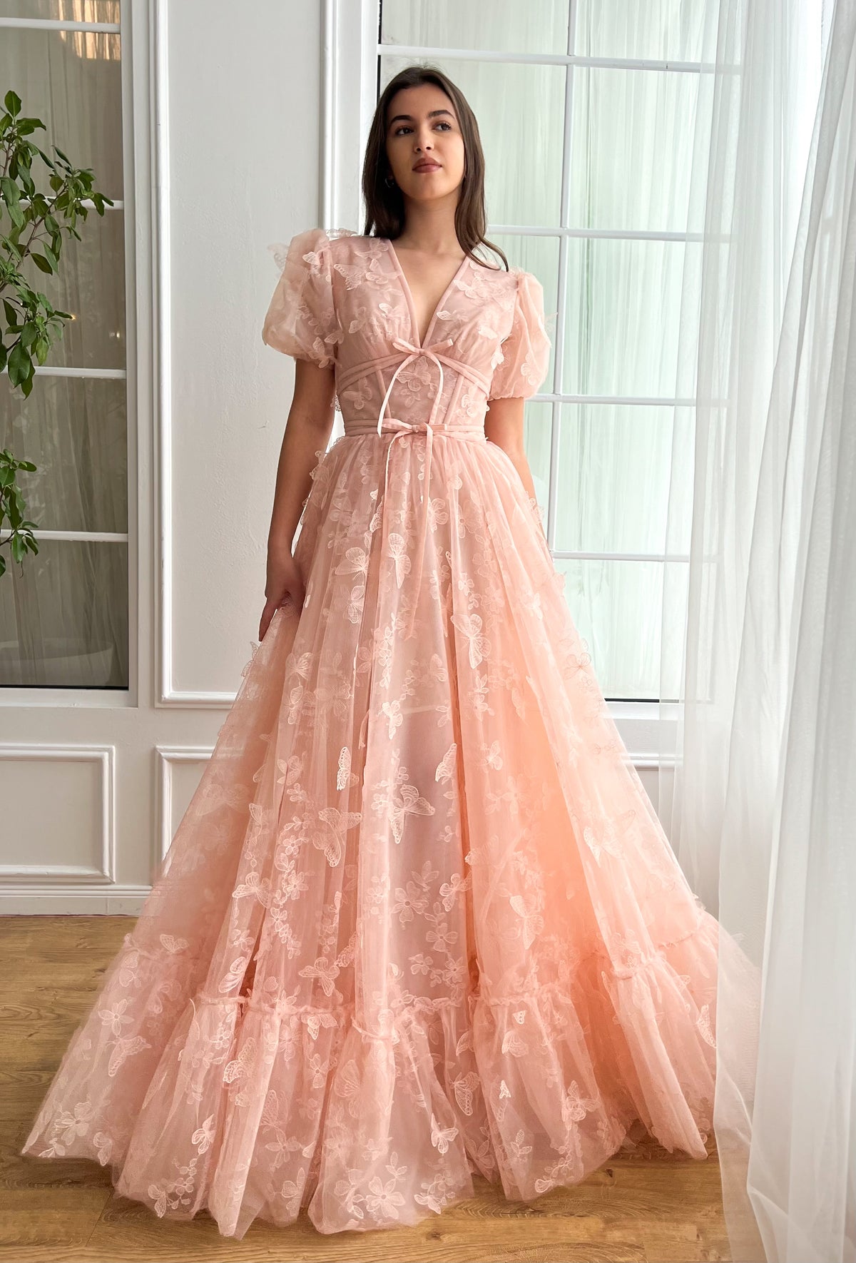 Pink A-Line dress with short sleeves, v-neck and embroidered butterflies