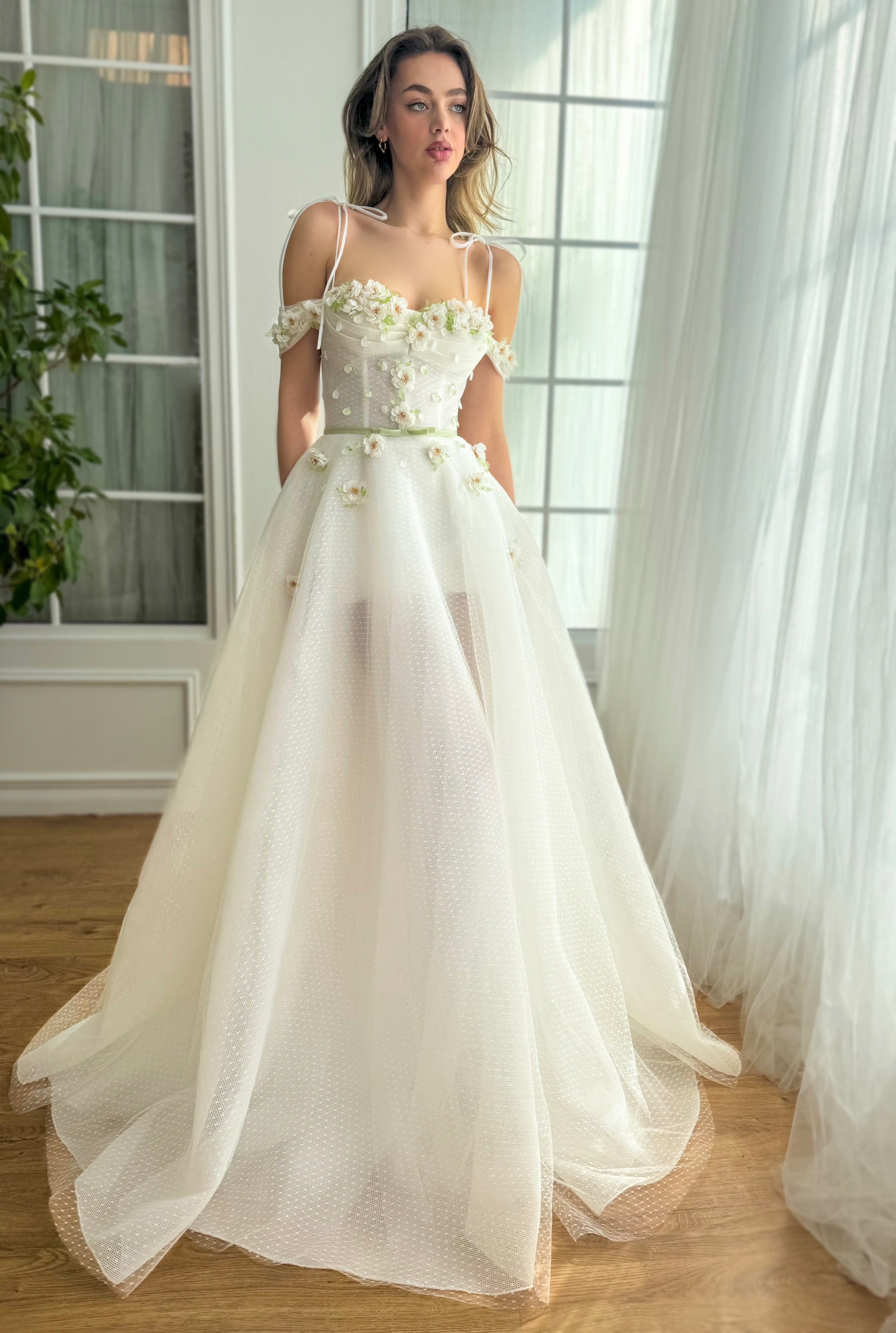 White A-Line dress with spaghetti straps and embroidery