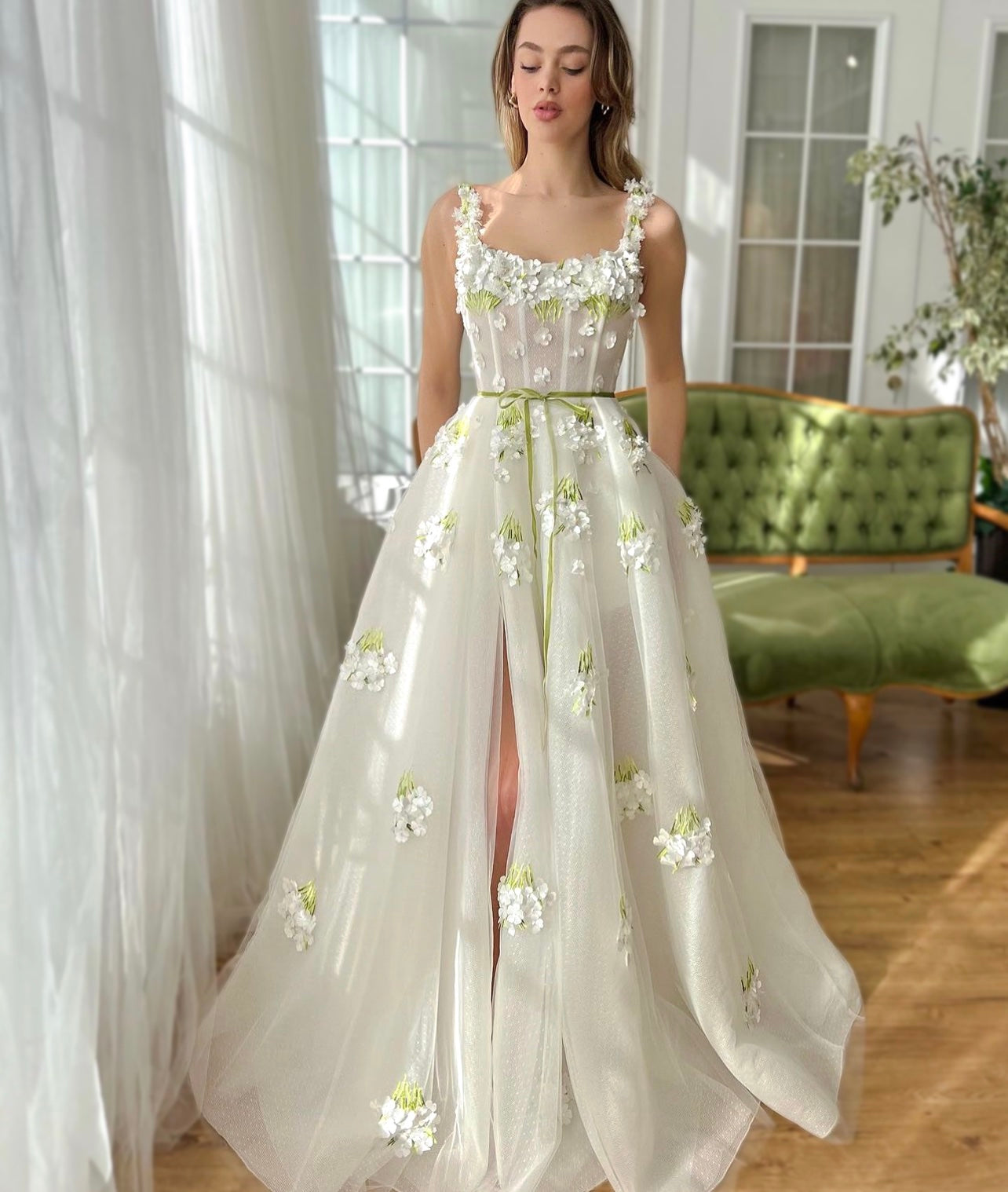 White A-Line dress with straps and embroidery