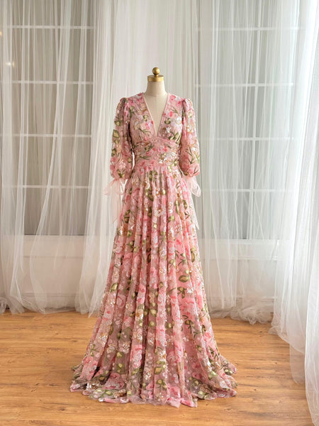 ★Mac Duggal★ Pink フローラルビーズ シフォン ドレス Pink Floral Applique Long Sleeve Illusion Gown | Mac Duggal