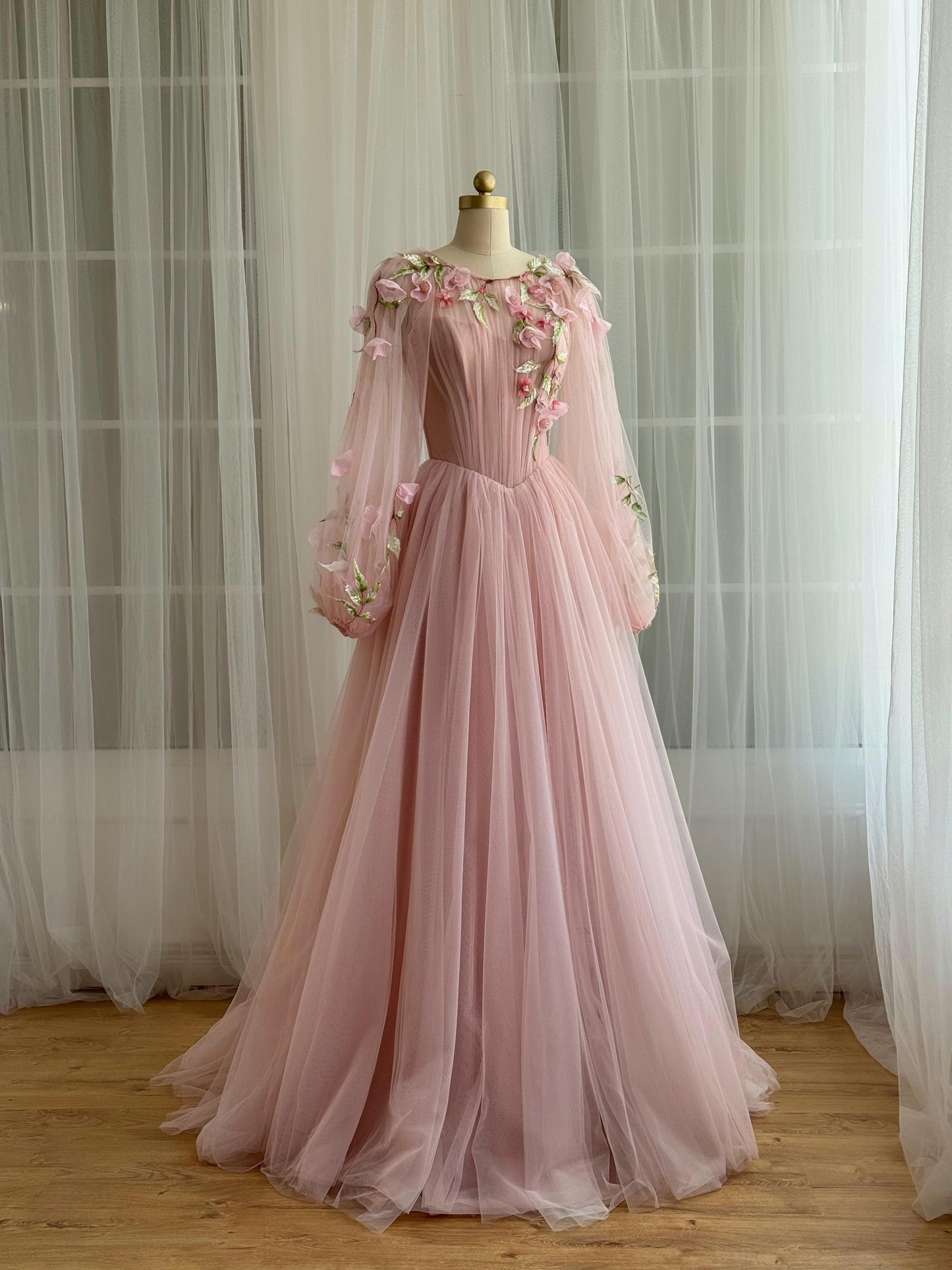 Pink A-Line gown with tulle, long sleeves and embroidery