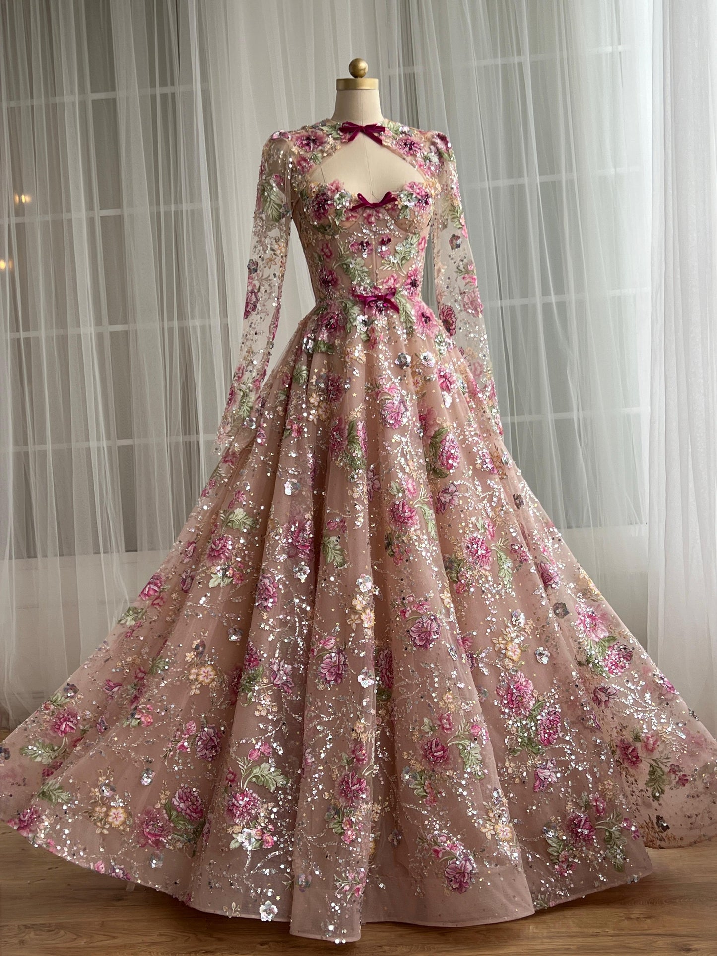 Pink A-Line dress with long sleeves and embroidery