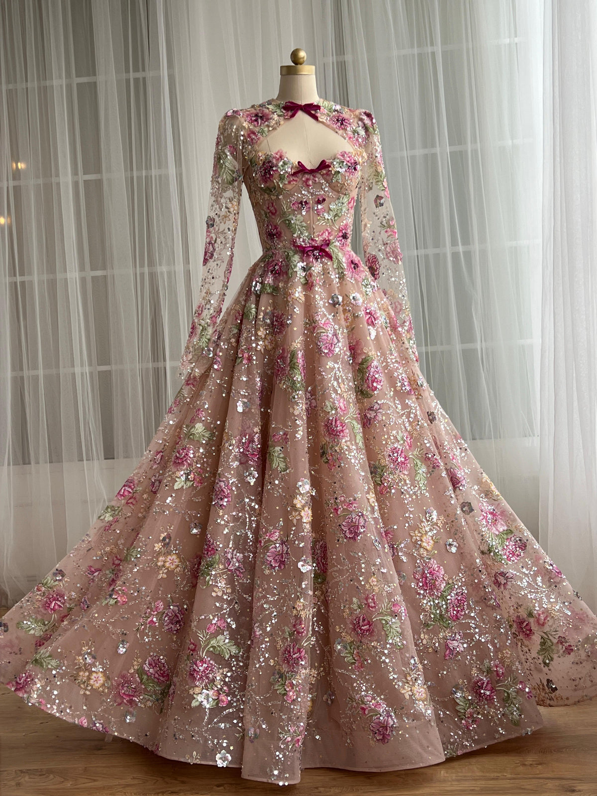 Pink A-Line dress with long sleeves and embroidery