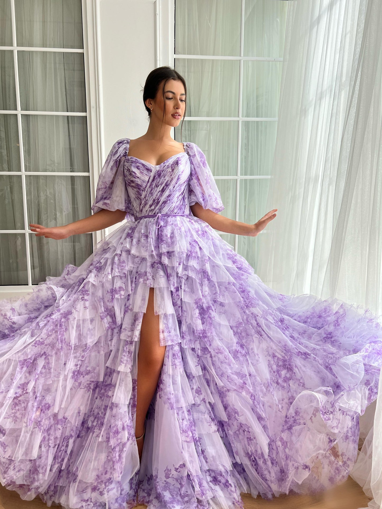 Purple A-Line dress with short sleeves, ruffled skirt and printed floral tulle