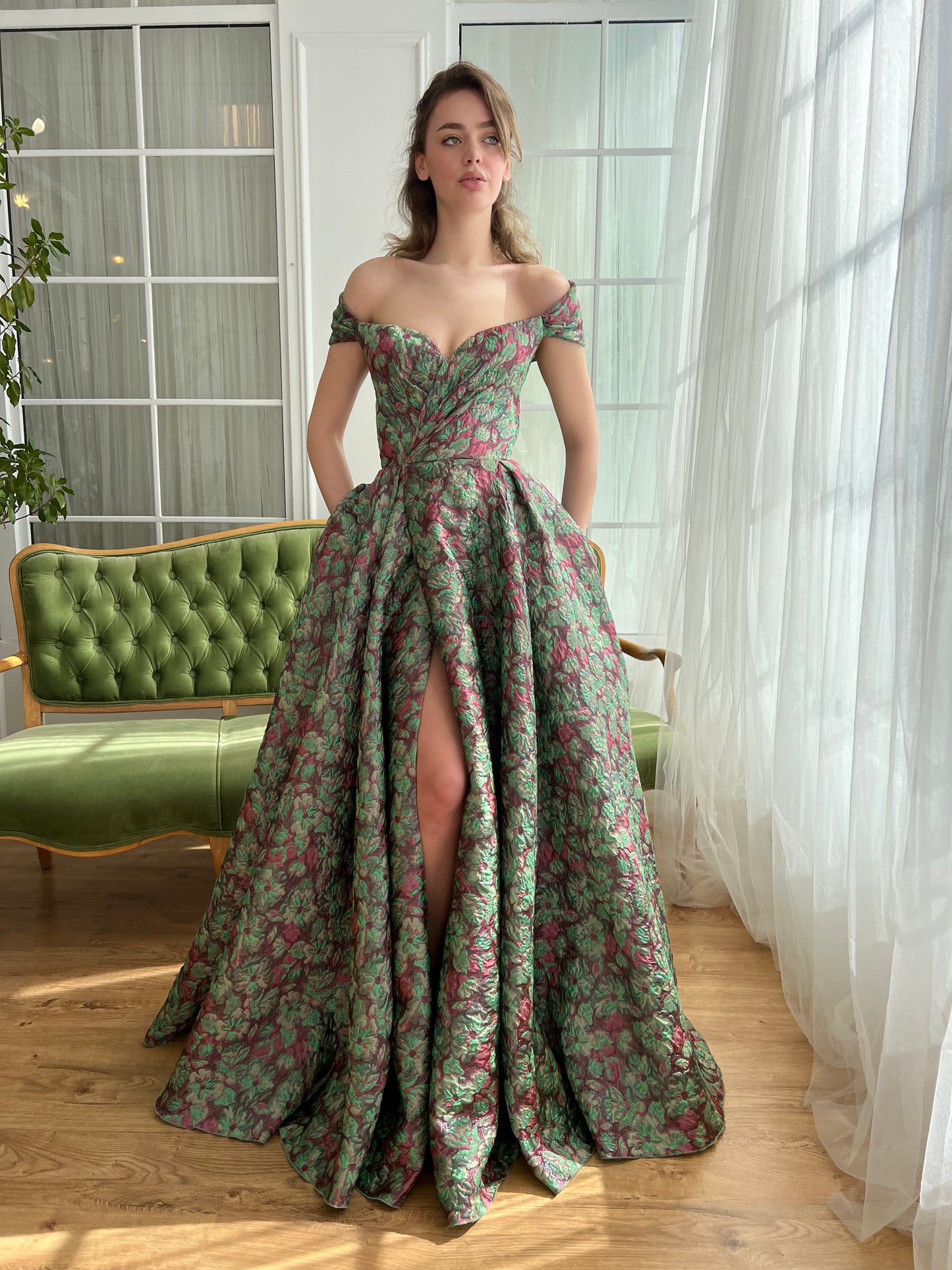 Green and Pink A-Line dress with off the shoulder sleeves and floral brocade fabric