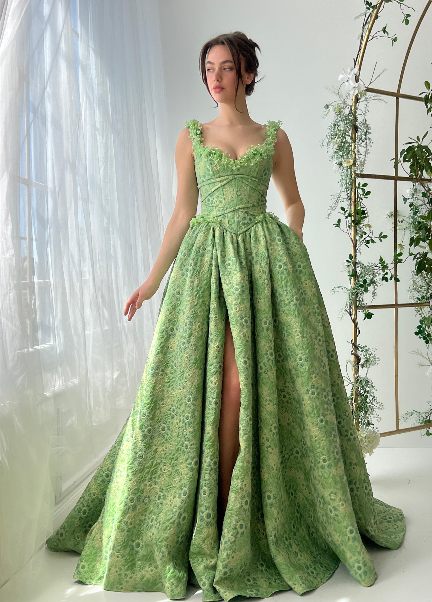 Green A-Line dress with straps, embroidery and brocade fabric