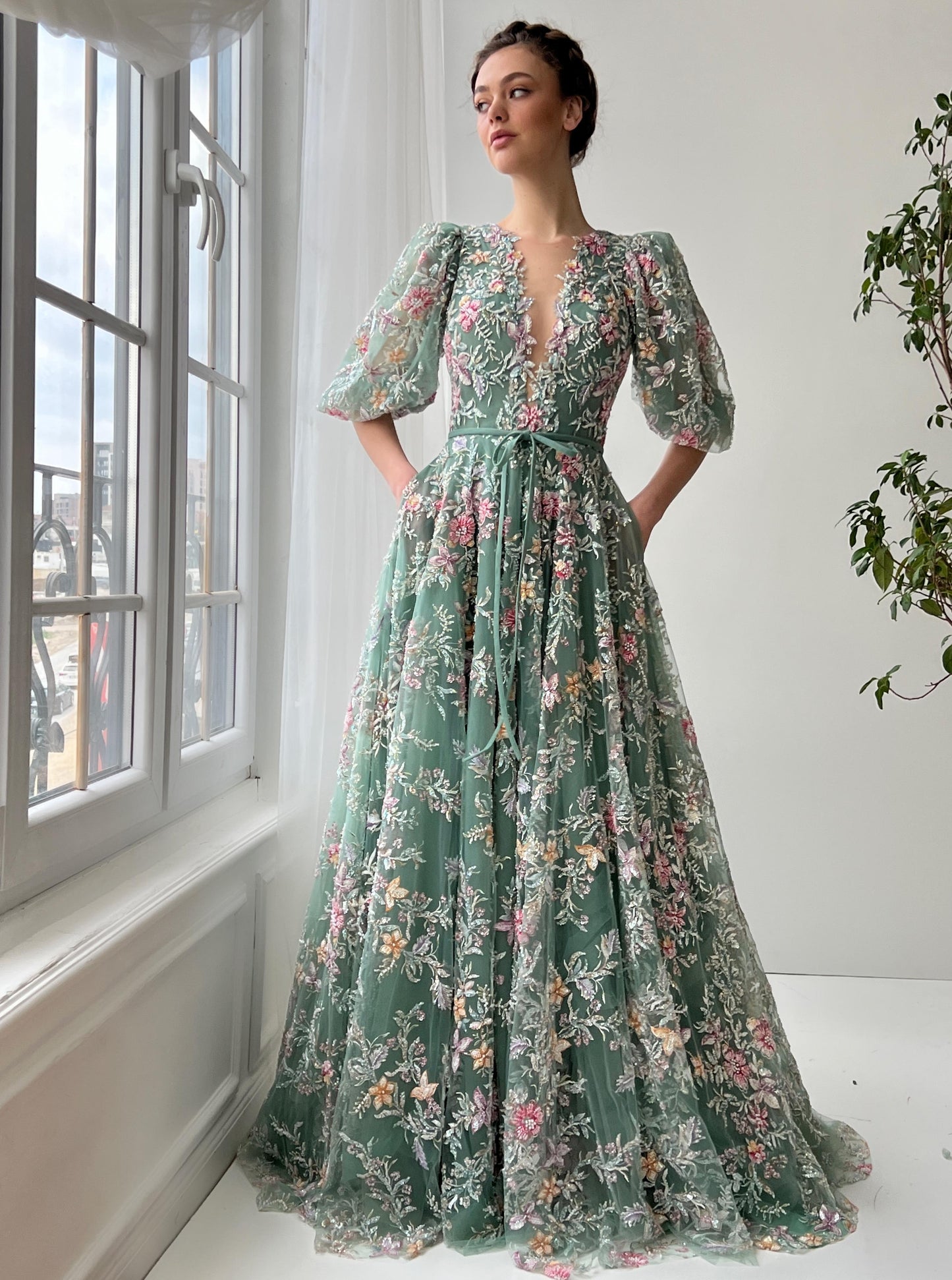 Green A-Line dress with short sleeves, v-neck and embroidery