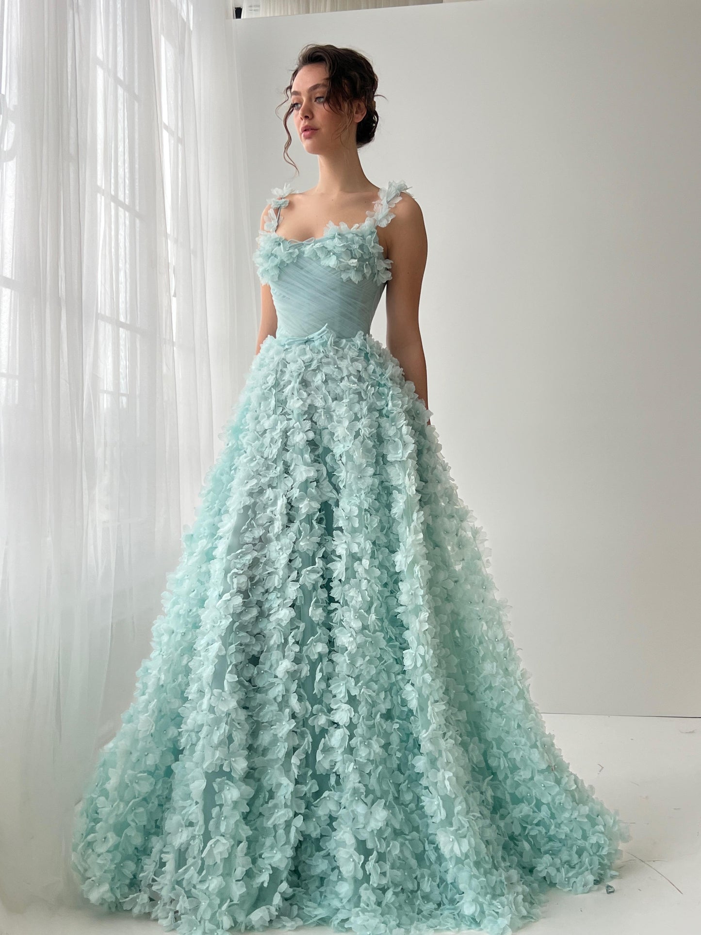 Blue A-Line dress with straps and embroidered flowers