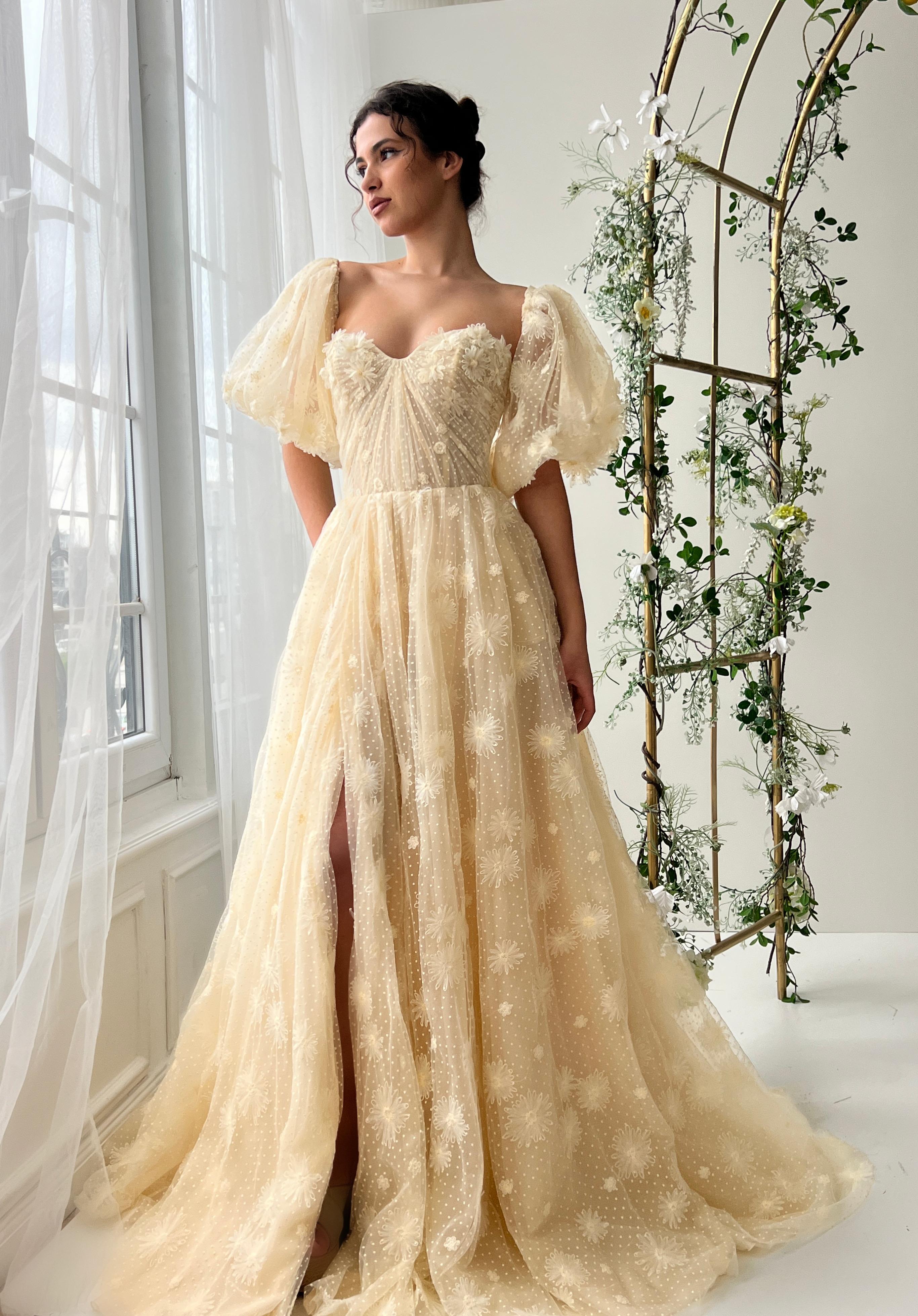 Beige A-Line dress with short sleeves and embroidery