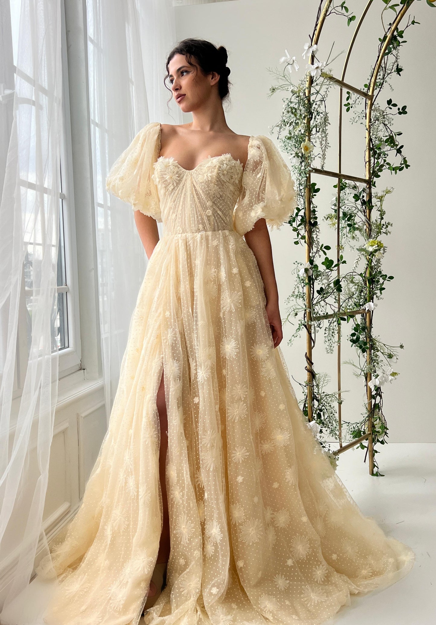 Beige A-Line dress with short sleeves and embroidery