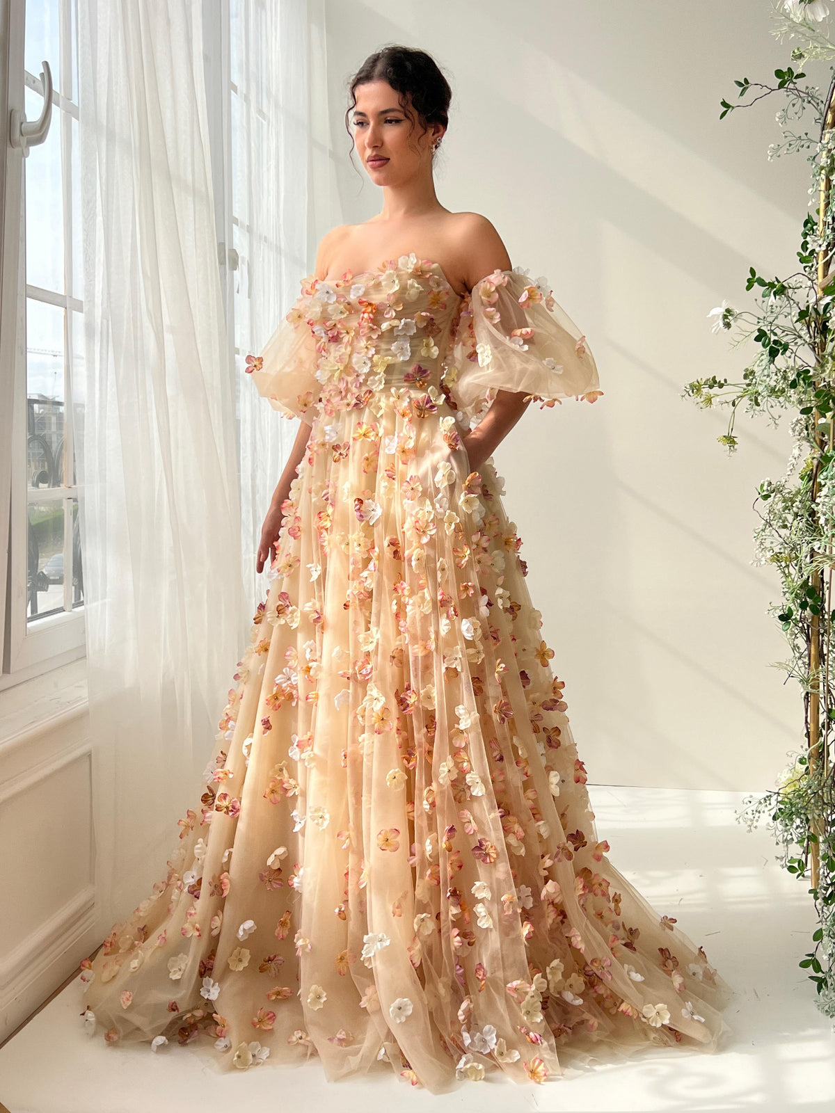 Beige A-Line dress with short off the shoulder sleeves and embroidery