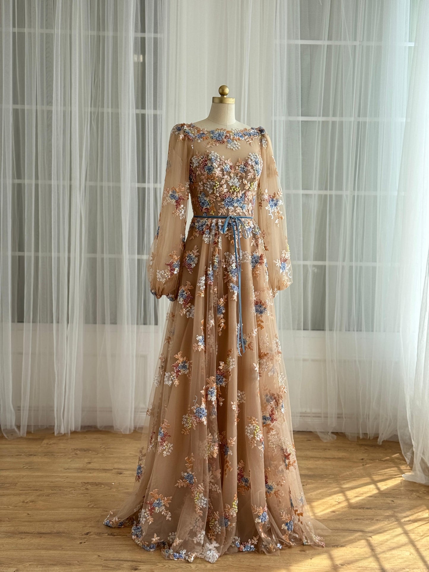 Brown A-Line dress with long sleeves and embroidered flowers