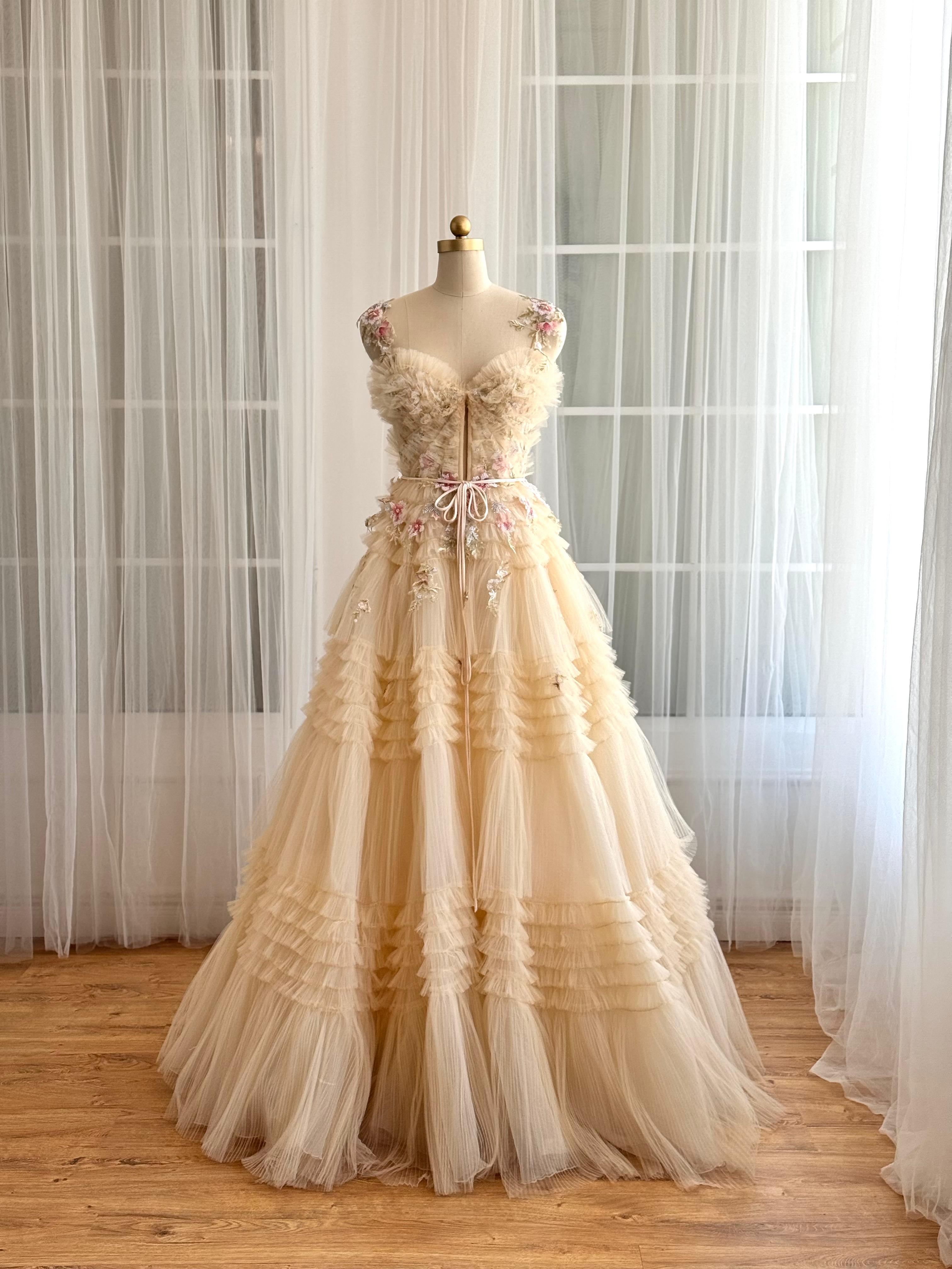 Beige A-Line dress with embroidery, floral straps and ruffles