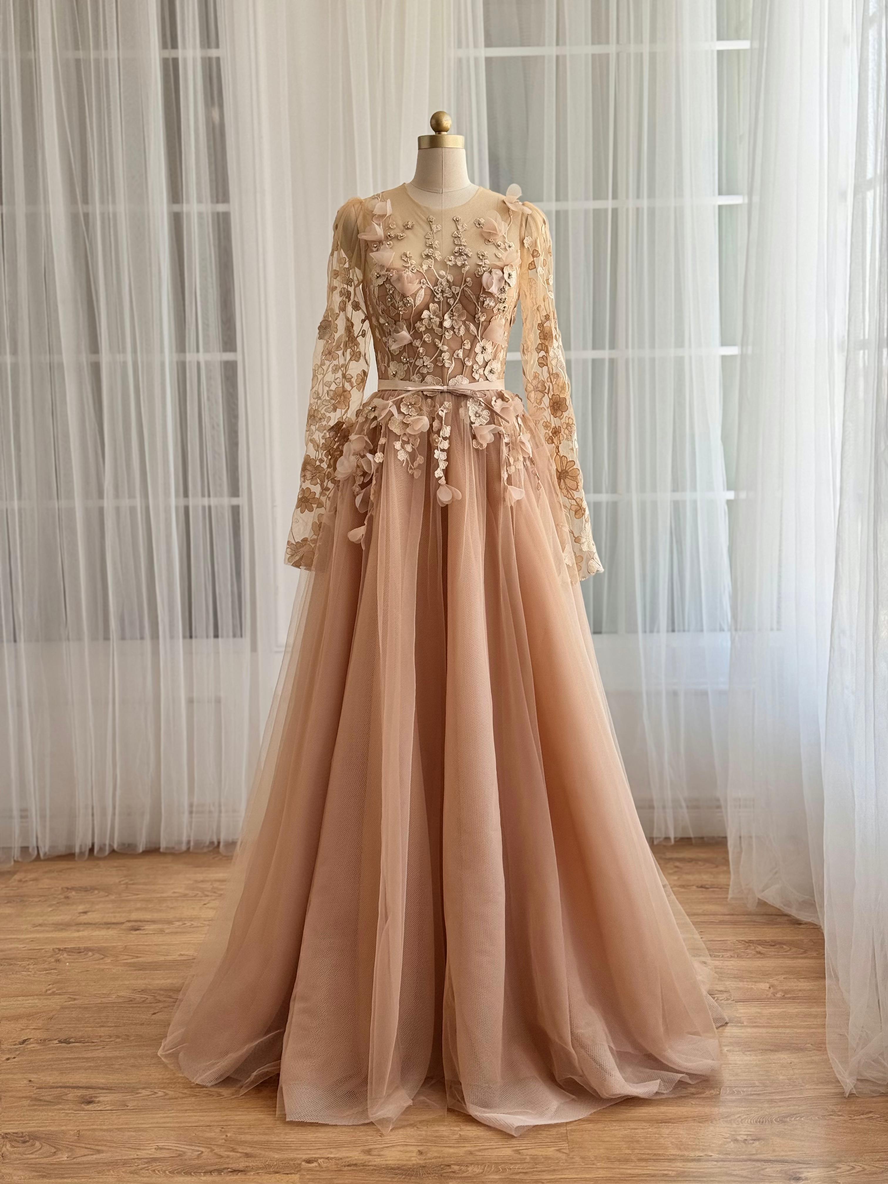 Beige A-Line dress with long sleeves and embroidered flowers
