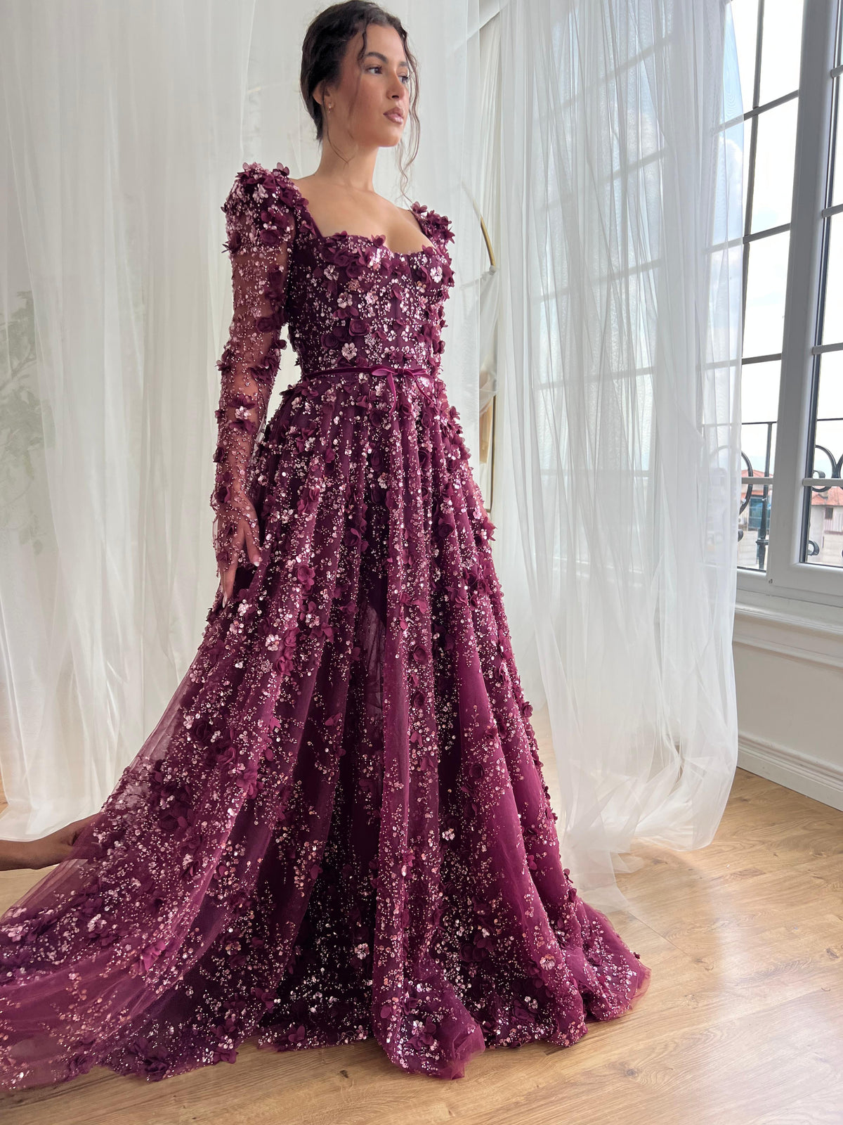 Purple A-Line dress with long sleeves and embroidery