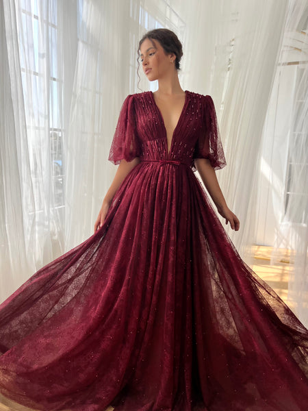 Burgundy Dantelle Gown– Teuta Matoshi