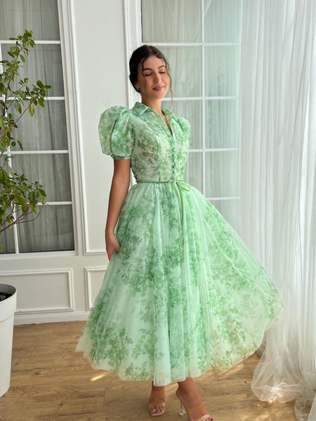 green puff sleeve dress Mermaid Puffy Sleeve Sage Green Satin Dress