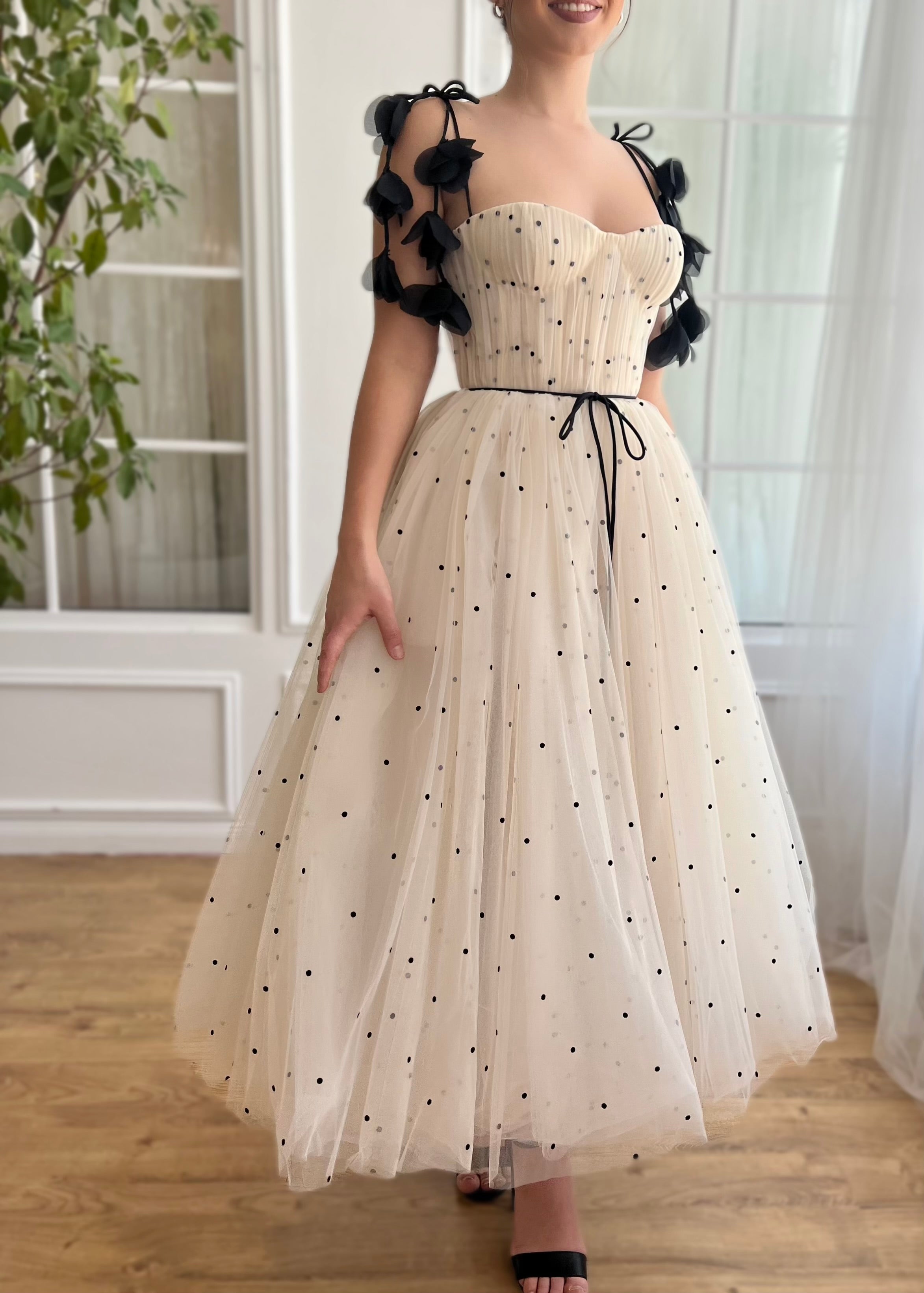 Beige midi dress with dotted fabric, embroidery and straps