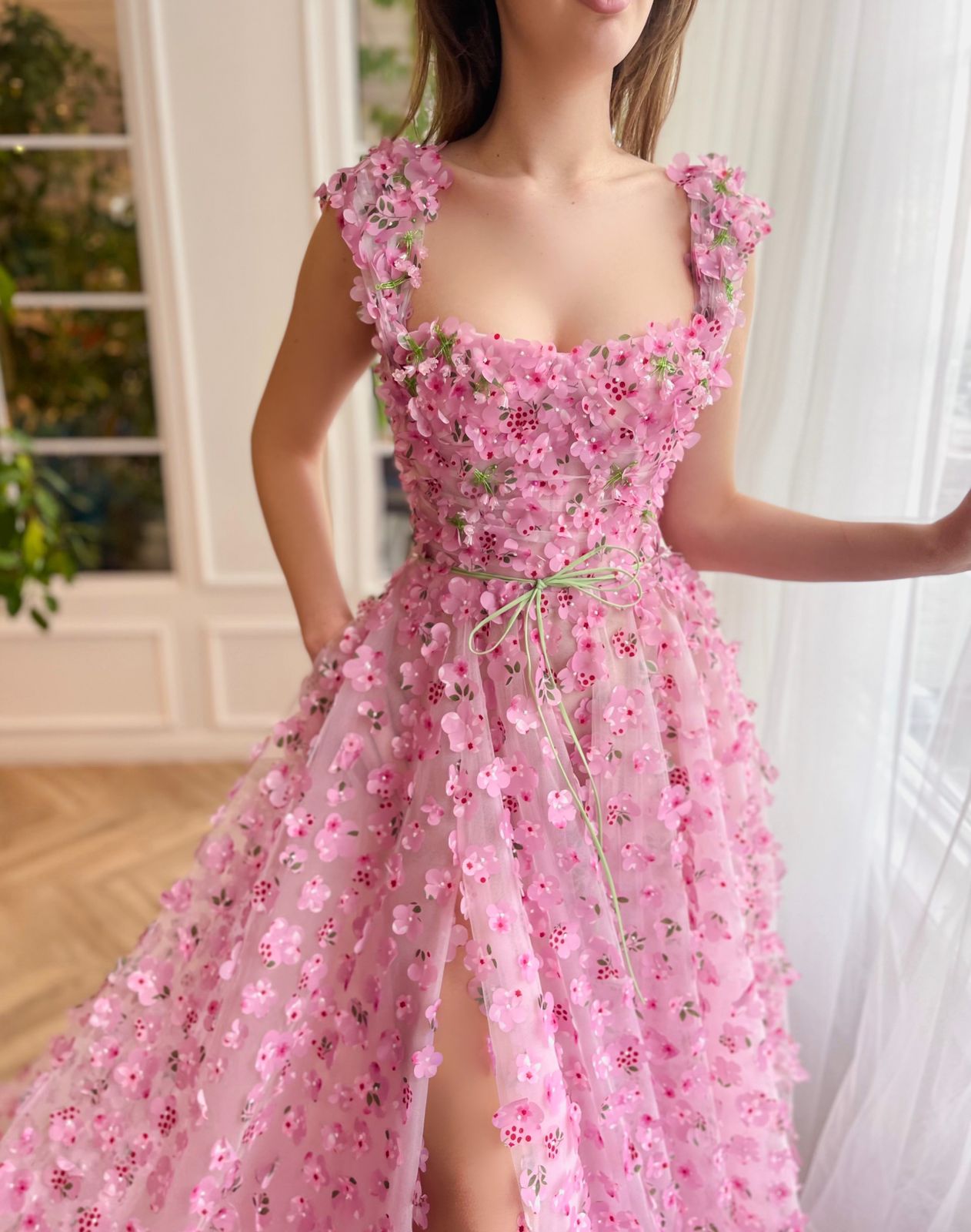 Pink A-Line dress with straps and embroidery