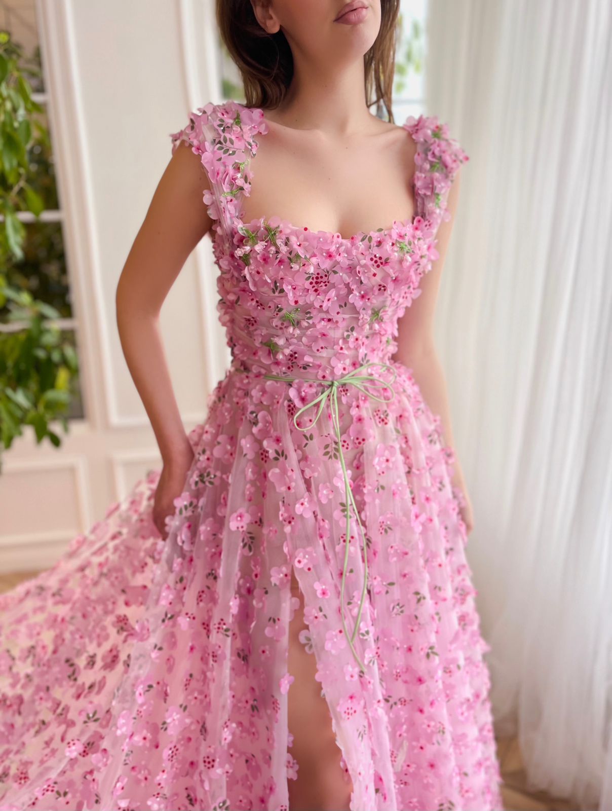 Pink A-Line dress with straps and embroidery