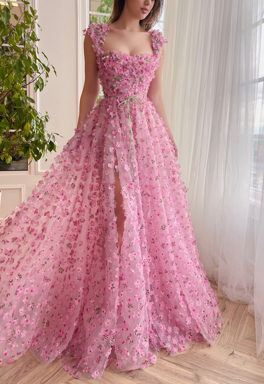 Pink A-Line dress with straps and embroidery