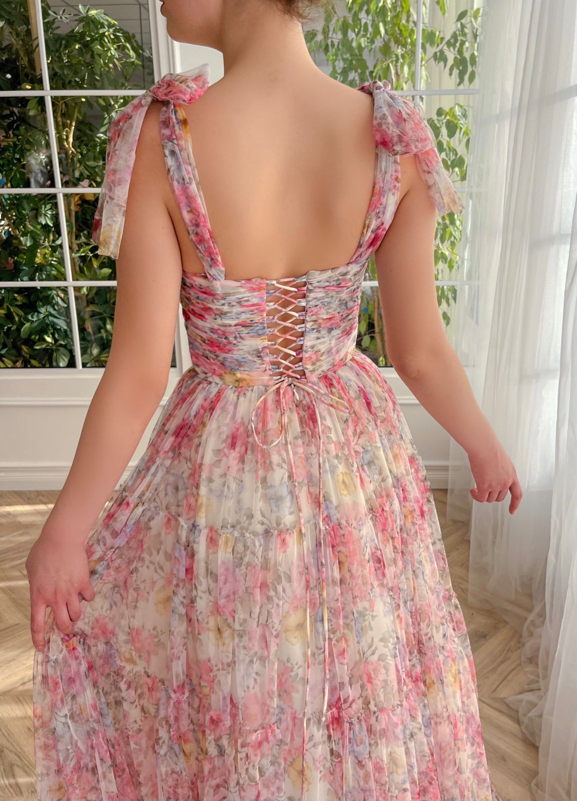 Pink A-Line dress with bow straps and printed flowers