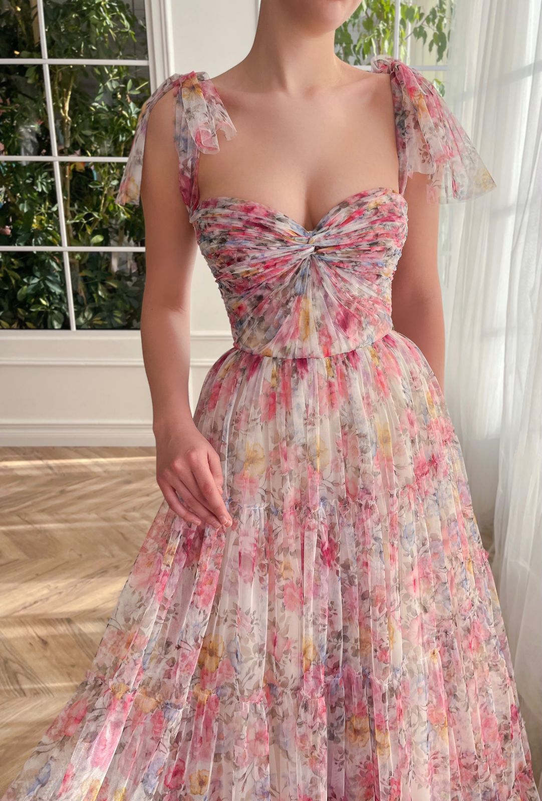 Pink A-Line dress with bow straps and printed flowers