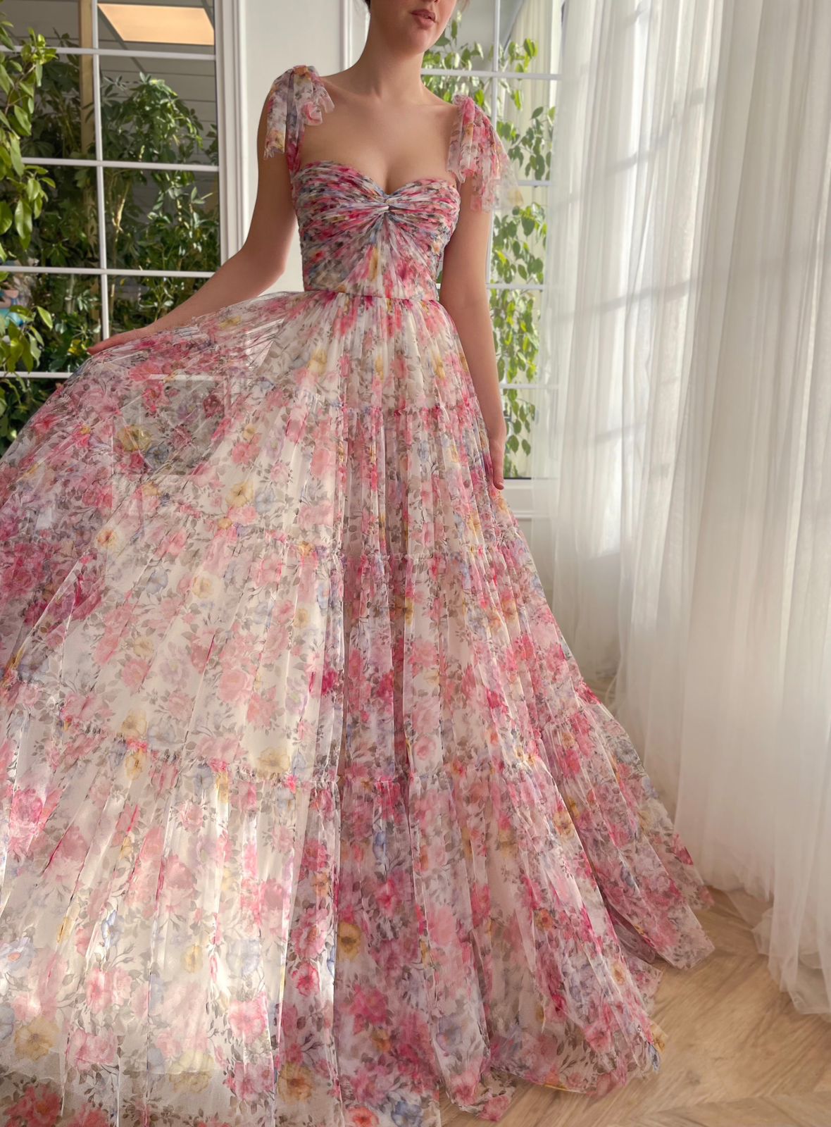 Pink A-Line dress with bow straps and printed flowers