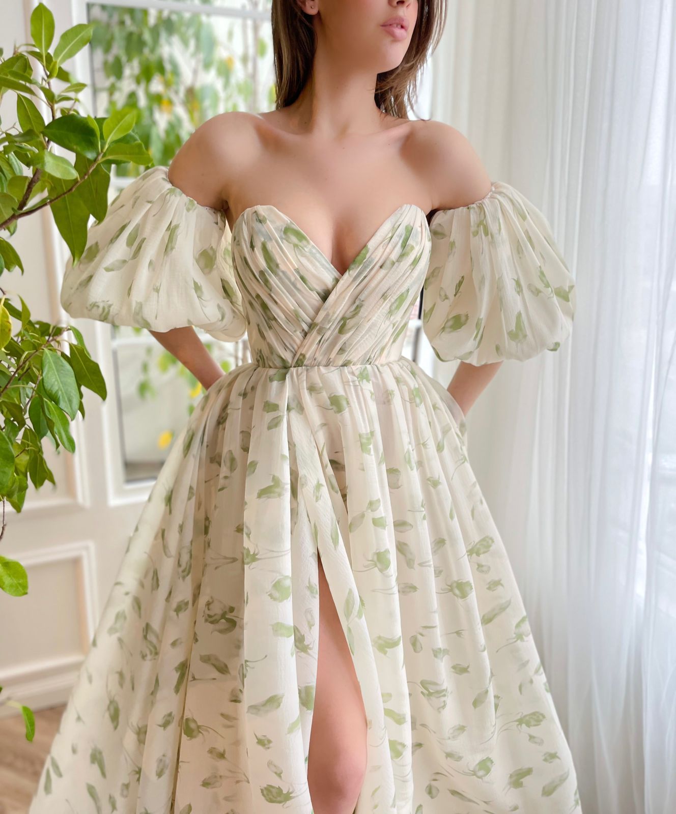 Beige A-Line dress with off the shoulder sleeves and print
