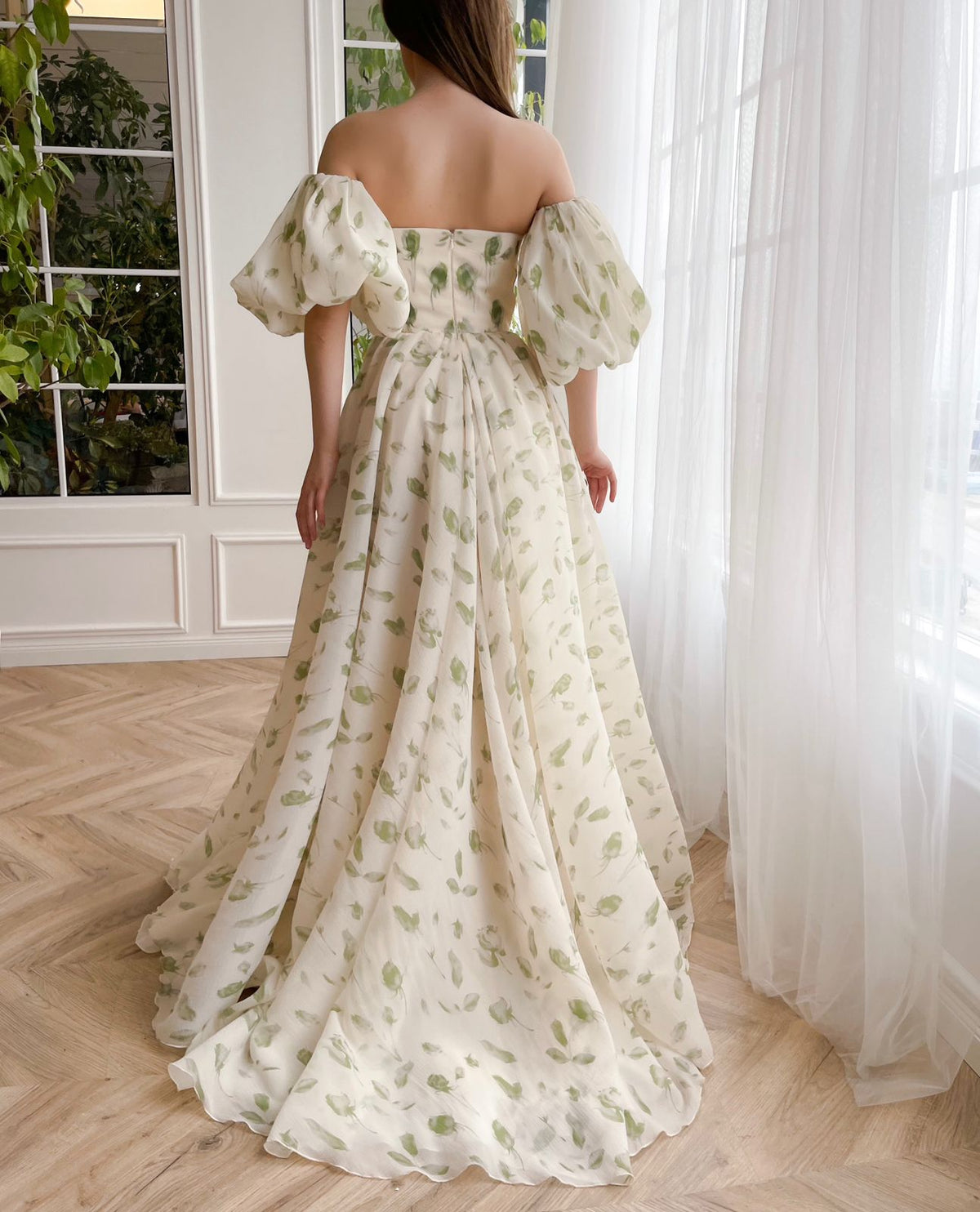 Beige A-Line dress with off the shoulder sleeves and print