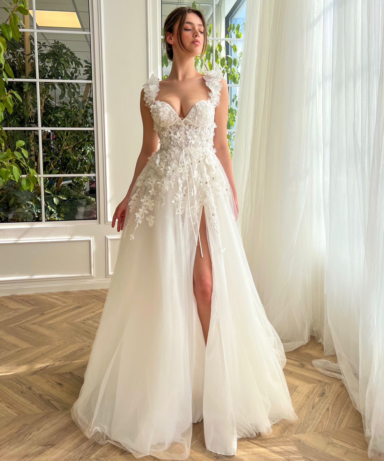 V-Neck A-line Wedding Dress With Lace Bodice and Satin Skirt - June Bridals